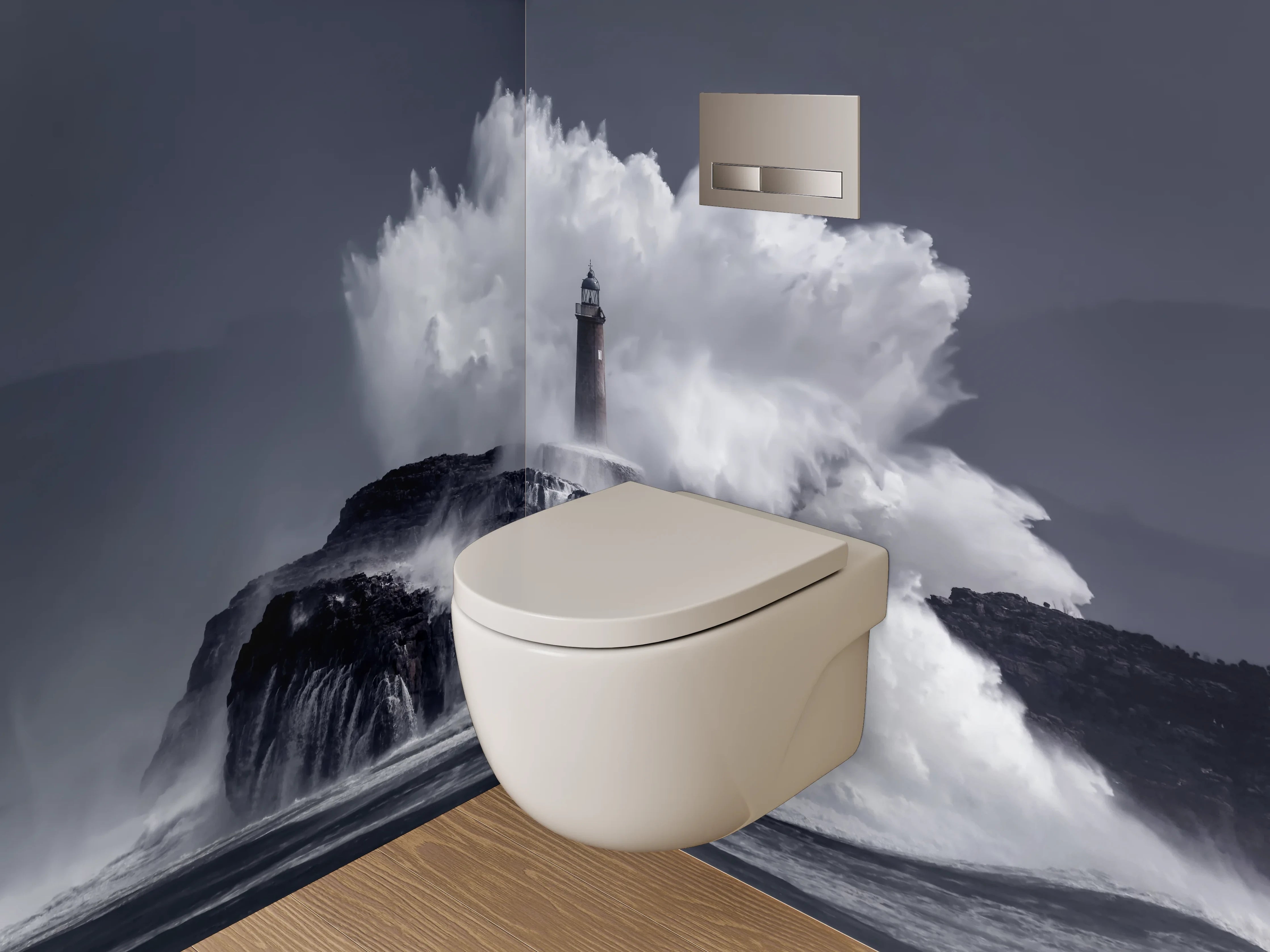 WC-Rückwand - Majestätischer Leuchtturm in Sturmfluten