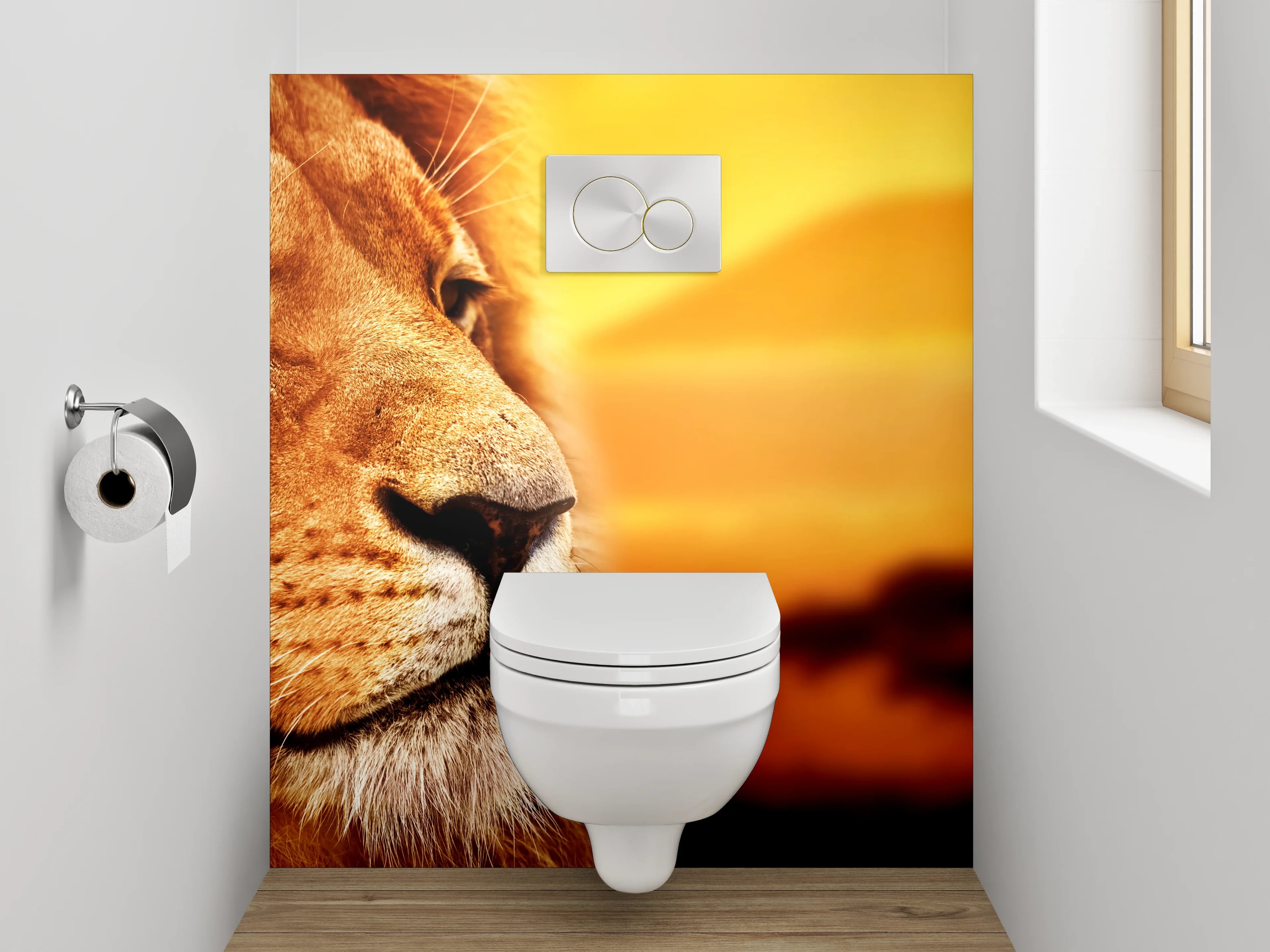 WC-Rückwand - Majestätischer Löwe Savanne Sonnenuntergang