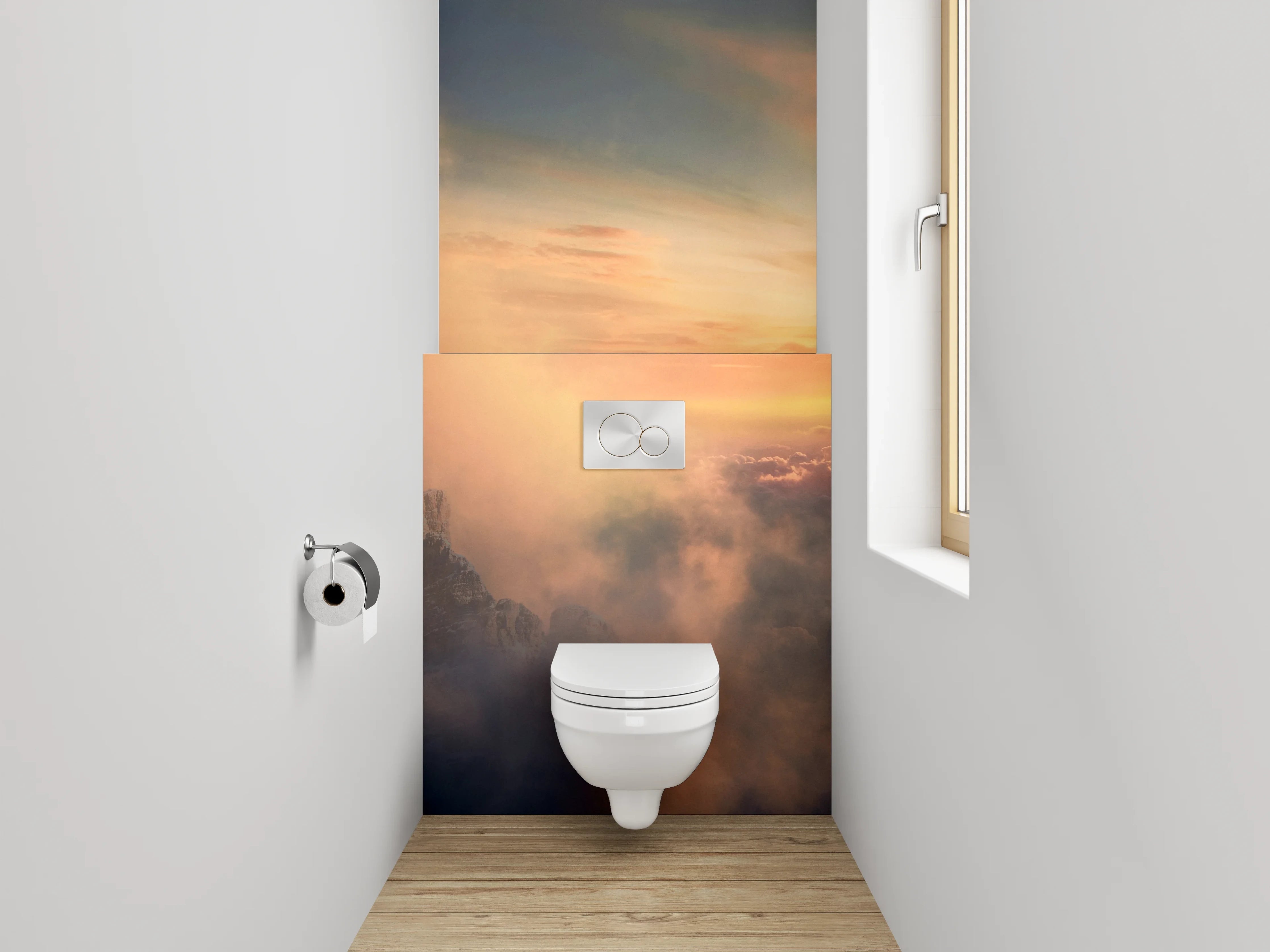 WC-Rückwand - Majestätischer Sonnenaufgang über Berggipfeln