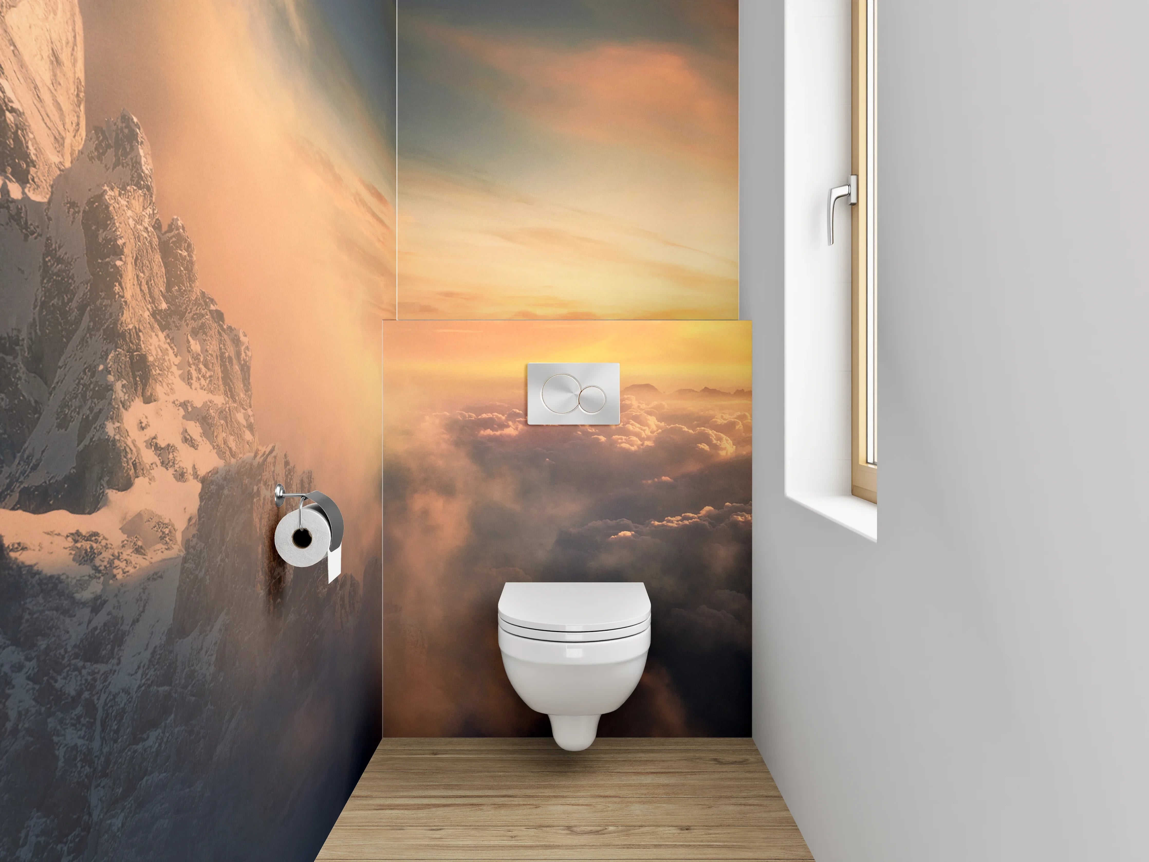 WC-Rückwand - Majestätischer Sonnenaufgang über Berggipfeln