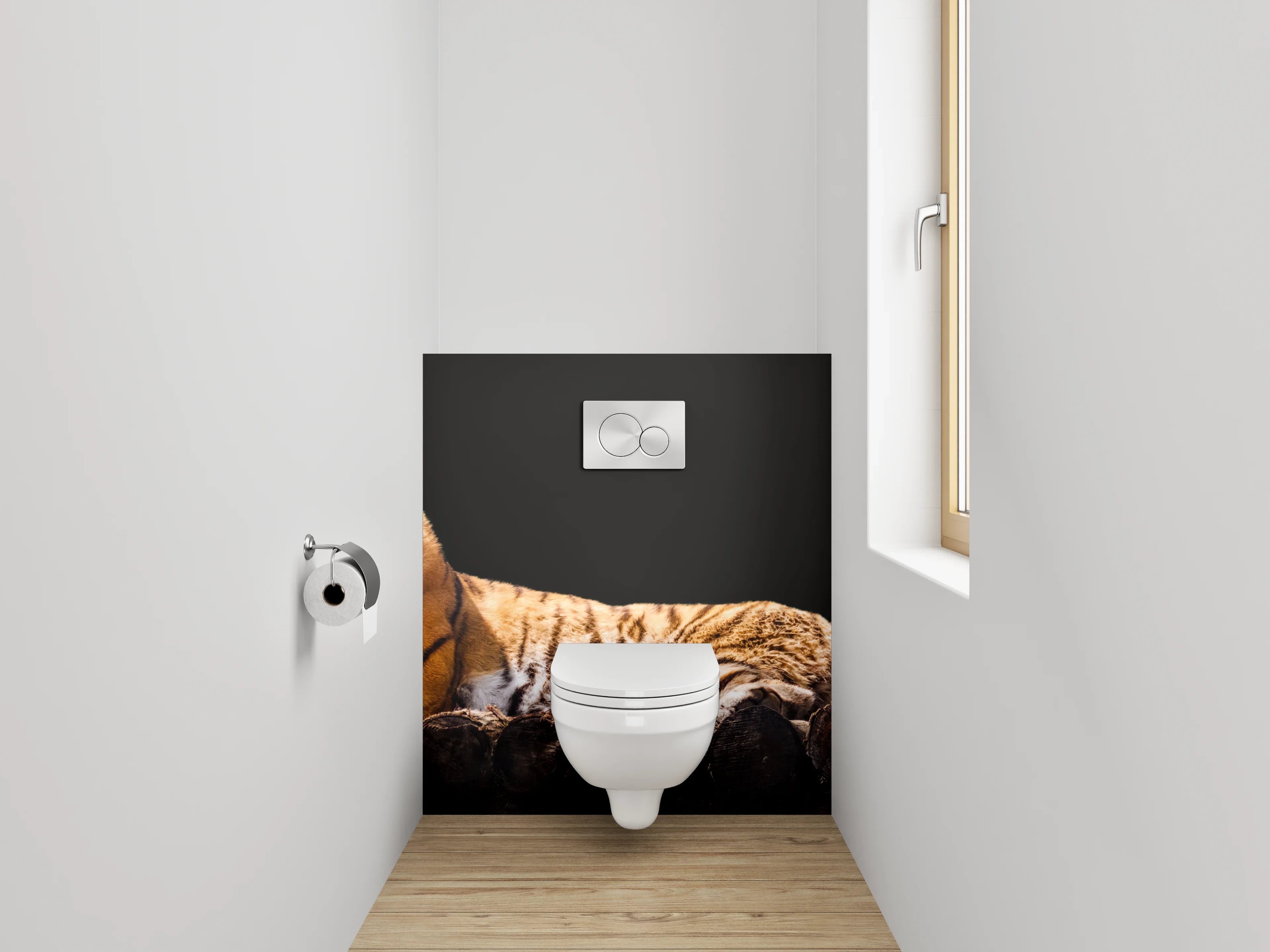 WC-Rückwand - Majestätischer Tiger auf Holzstämmen