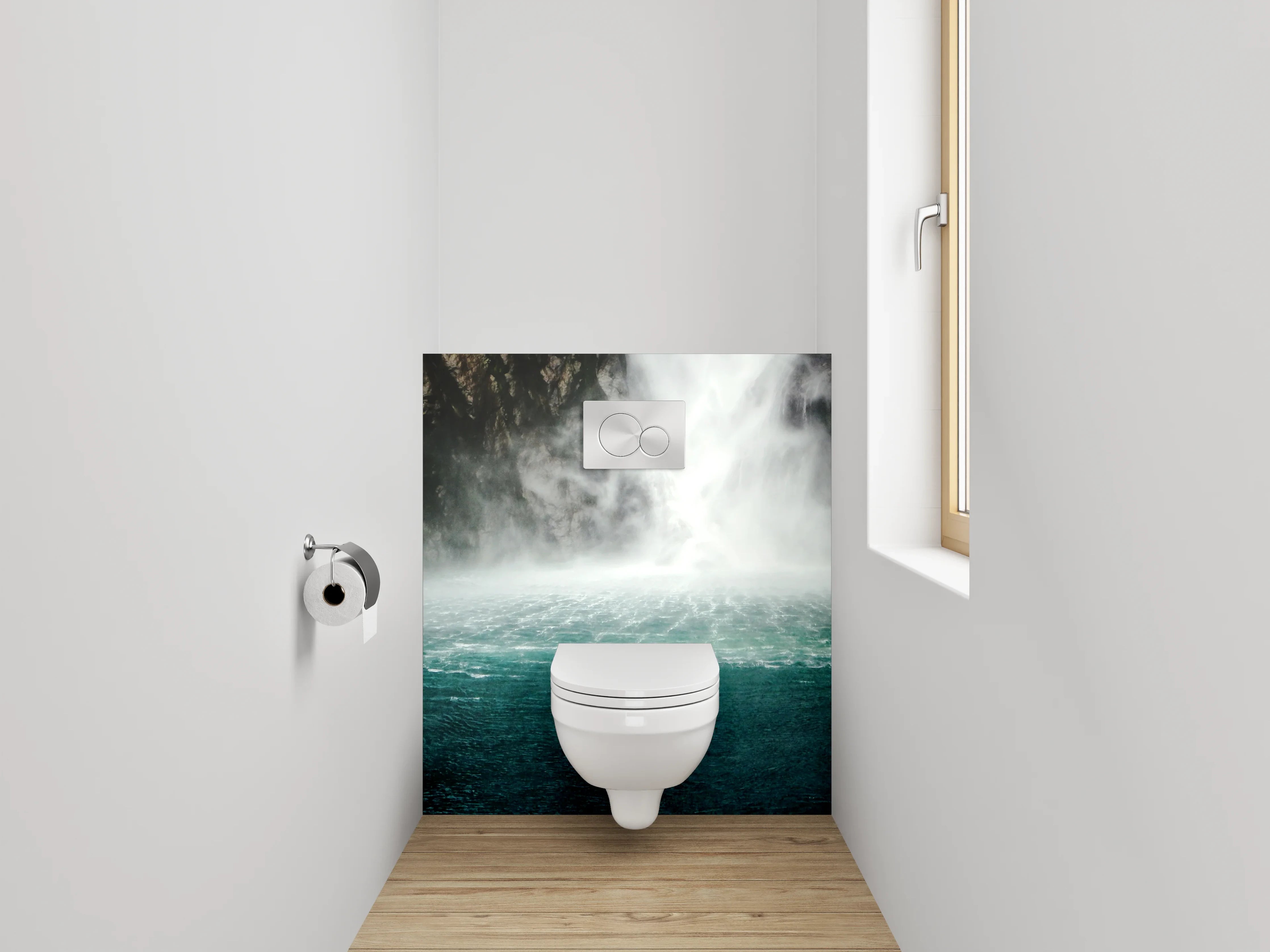 WC-Rückwand - Majestätischer Wasserfall im Nebel