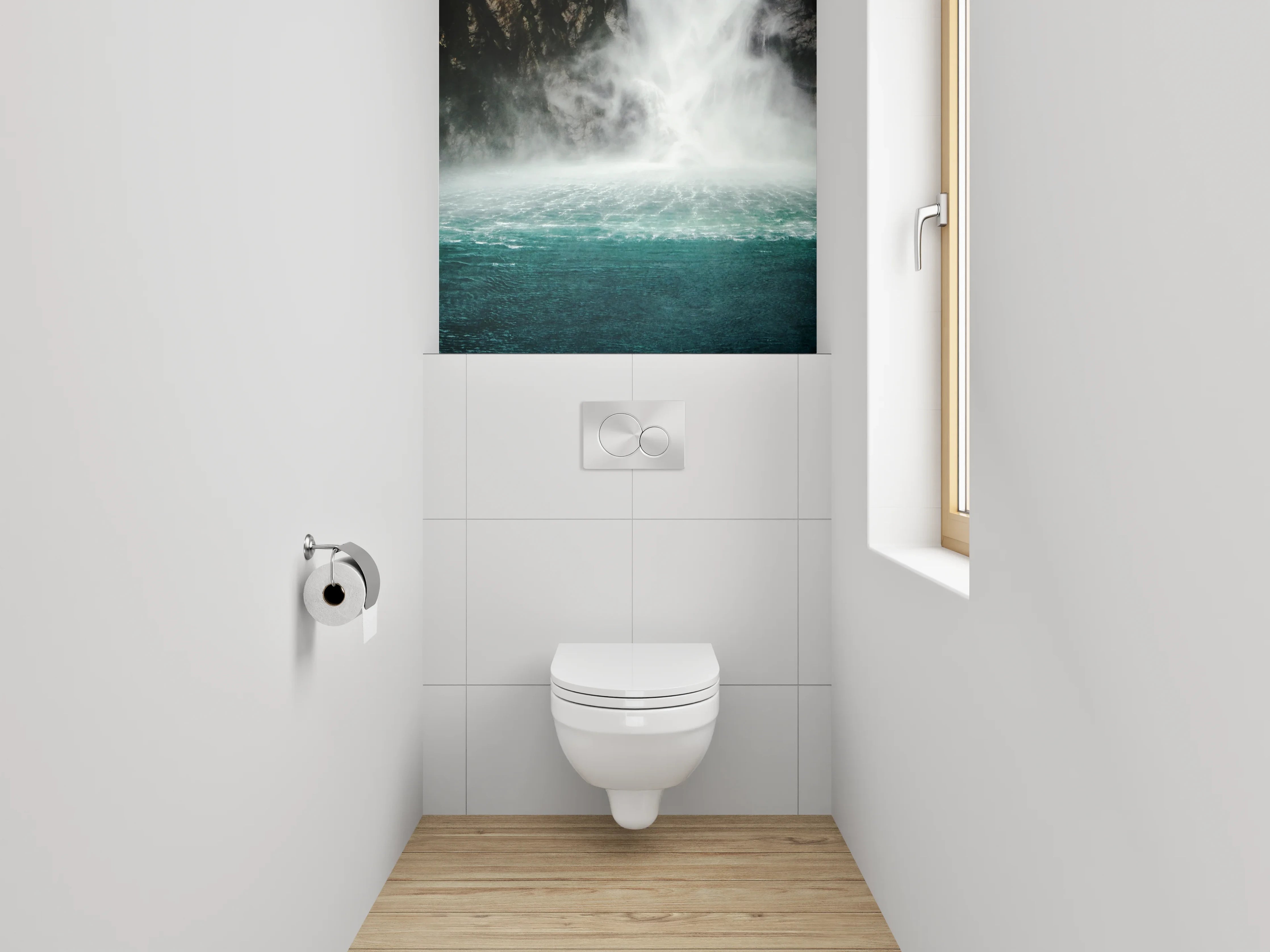 WC-Rückwand - Majestätischer Wasserfall im Nebel