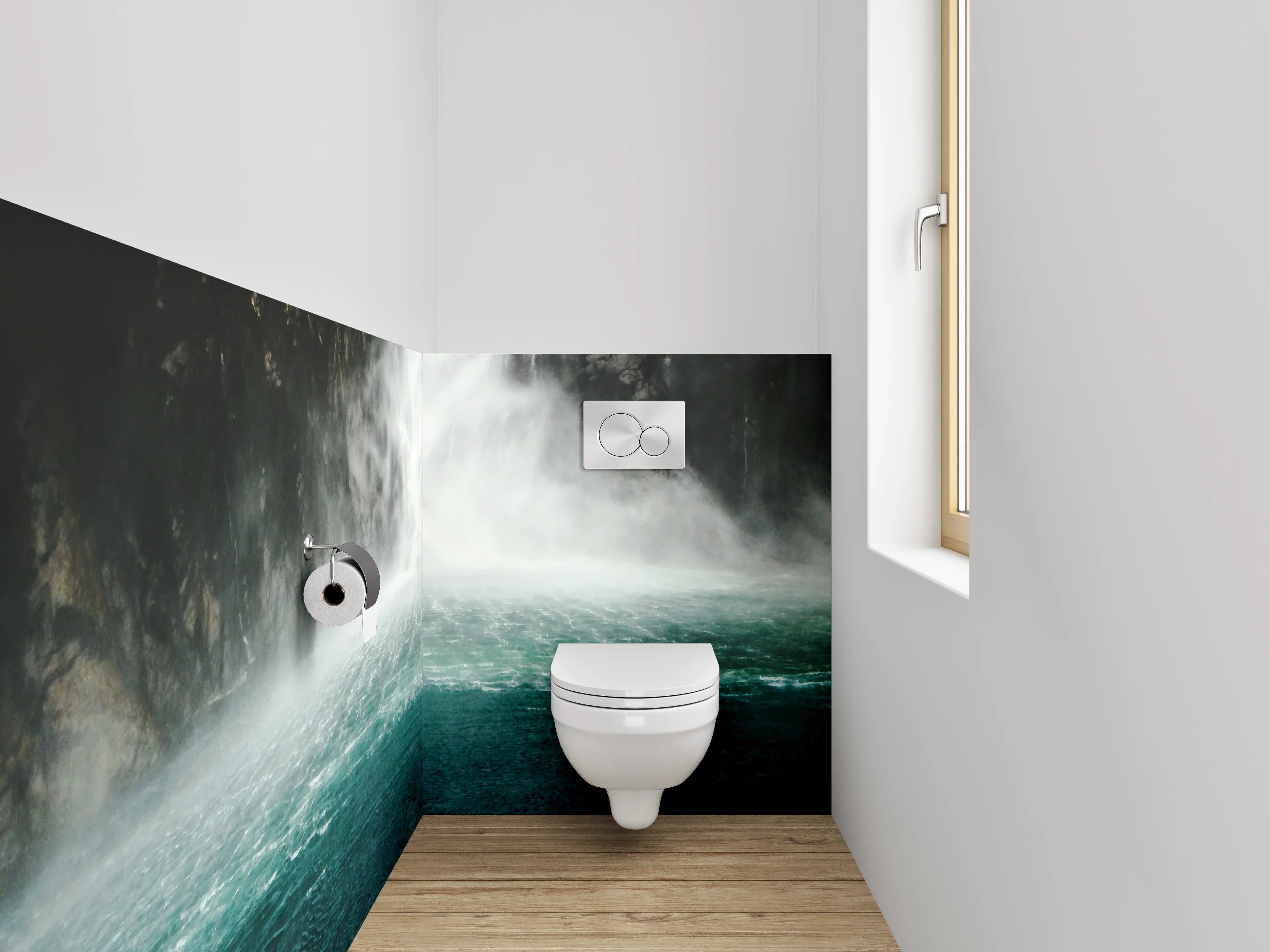 WC-Rückwand - Majestätischer Wasserfall im Nebel