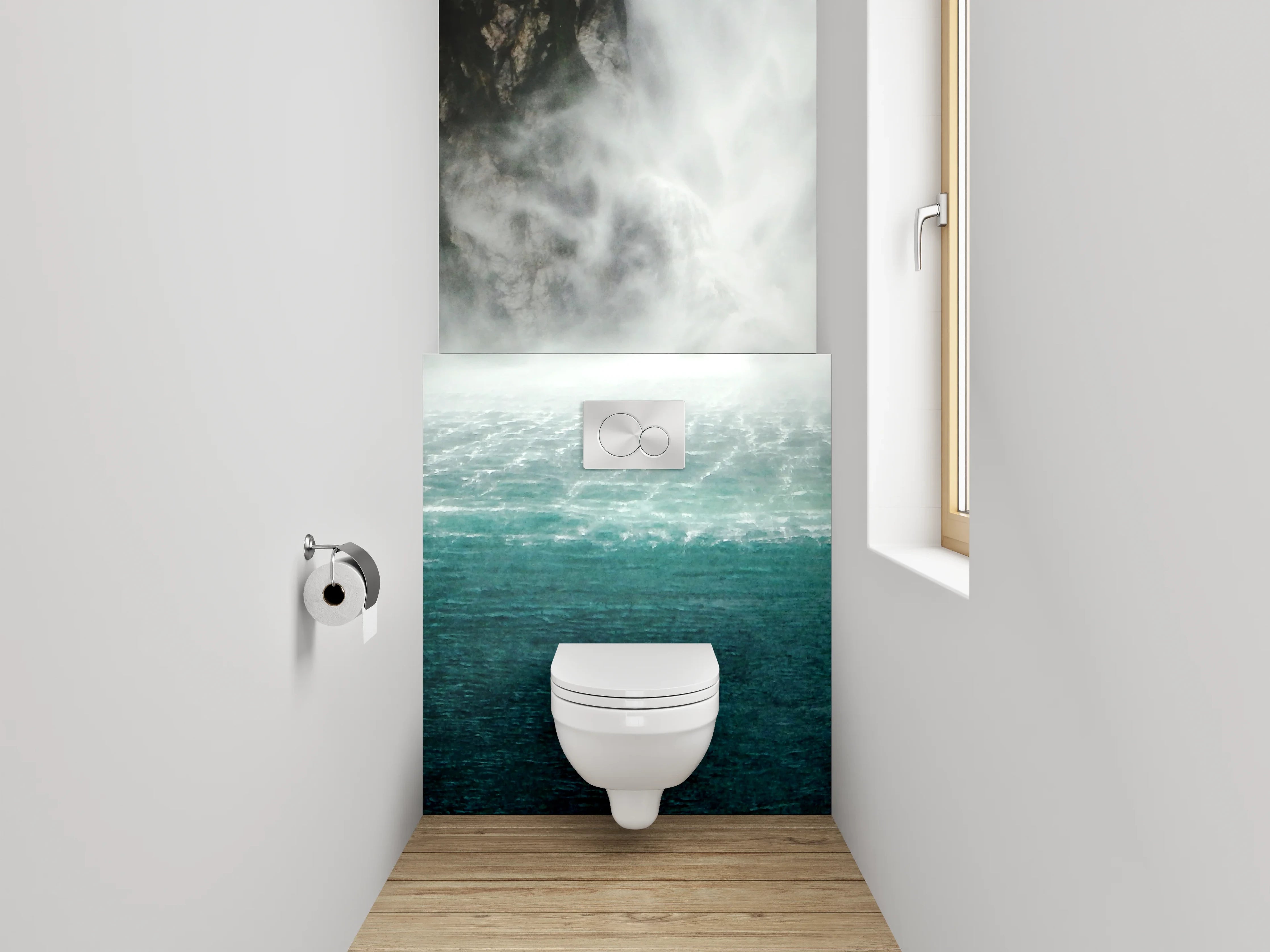 WC-Rückwand - Majestätischer Wasserfall im Nebel