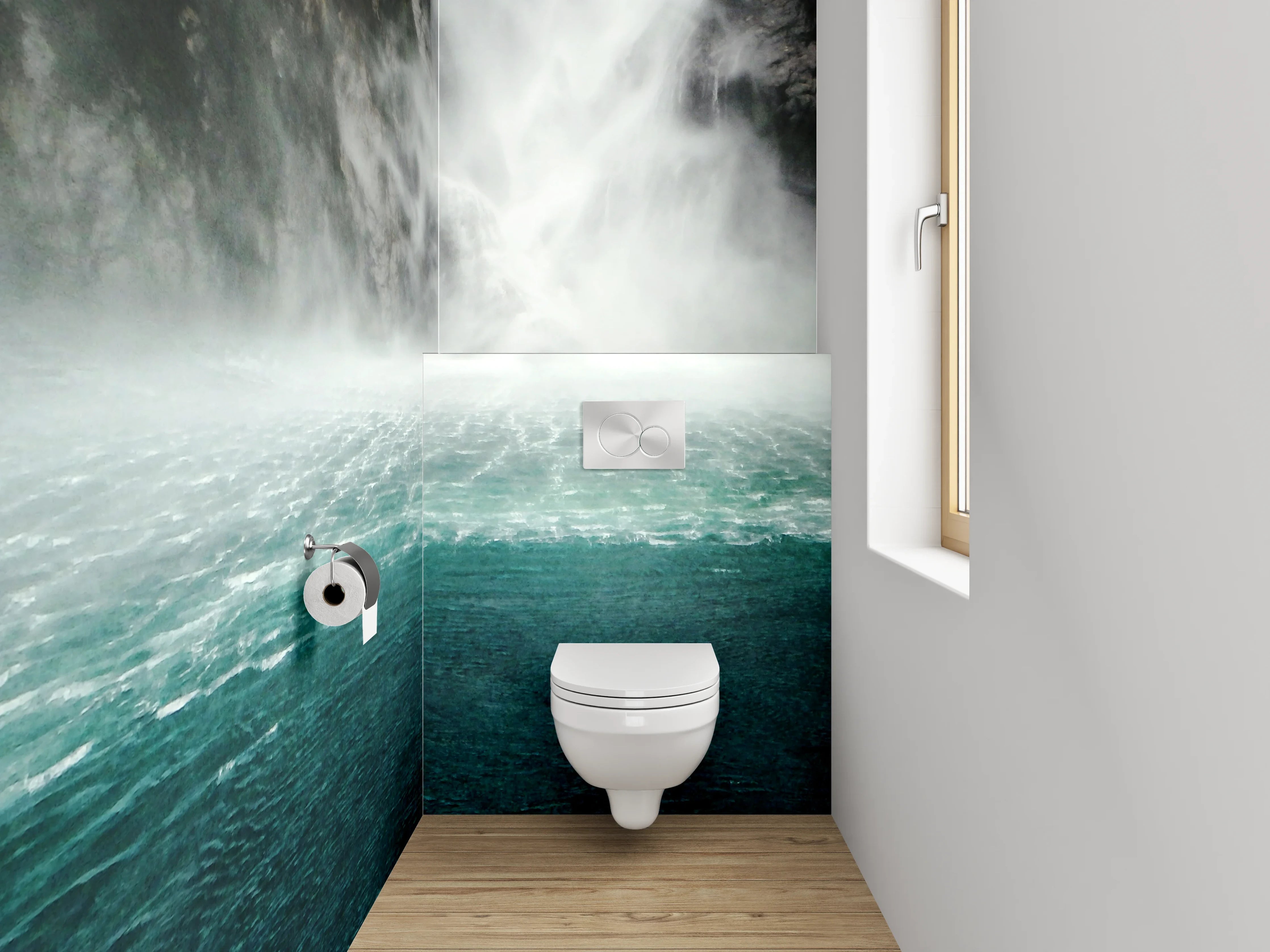 WC-Rückwand - Majestätischer Wasserfall im Nebel