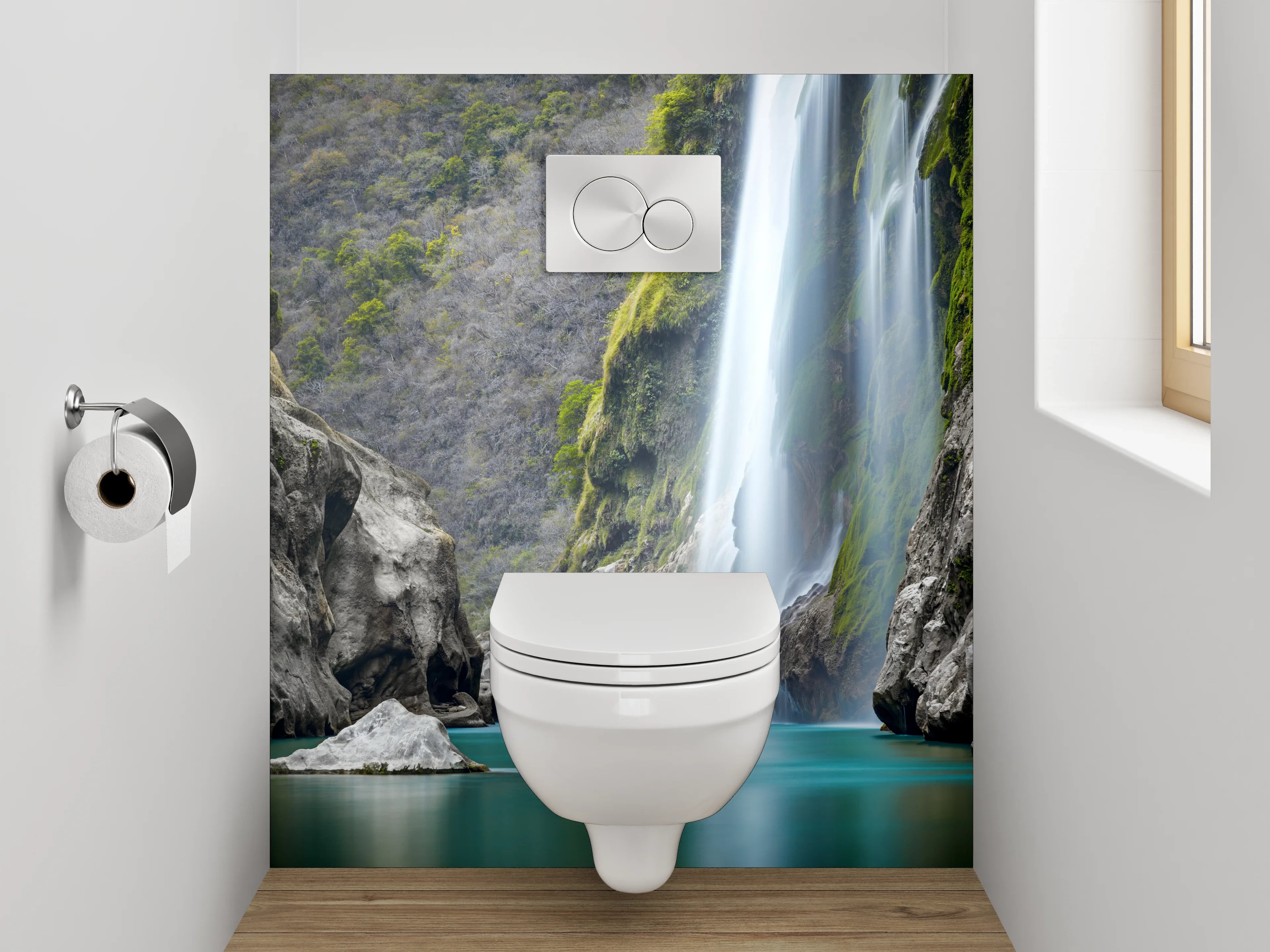 WC-Rückwand - Majestätischer Wasserfall in türkisfarbenem Tal