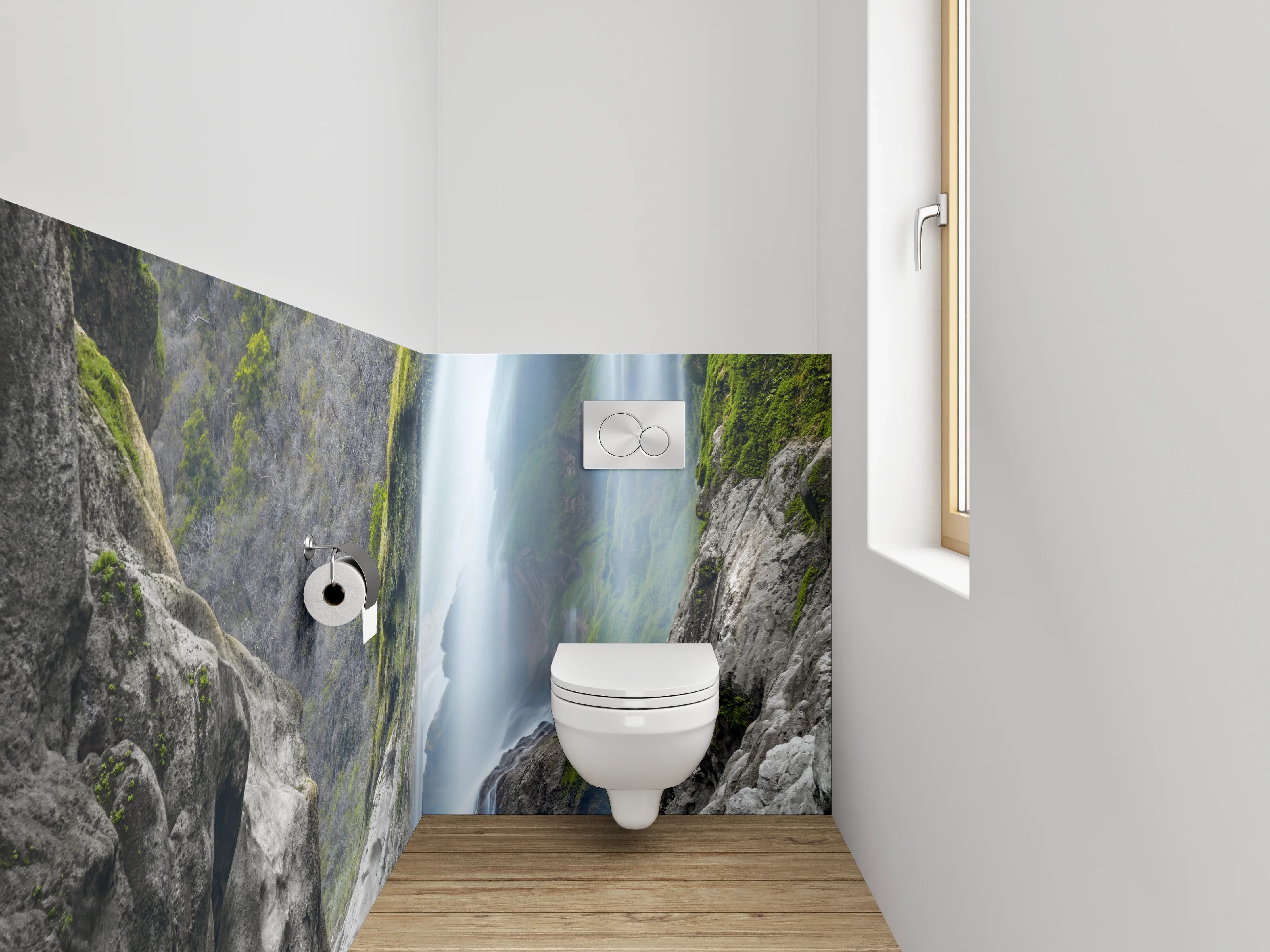 WC-Rückwand - Majestätischer Wasserfall in türkisfarbenem Tal