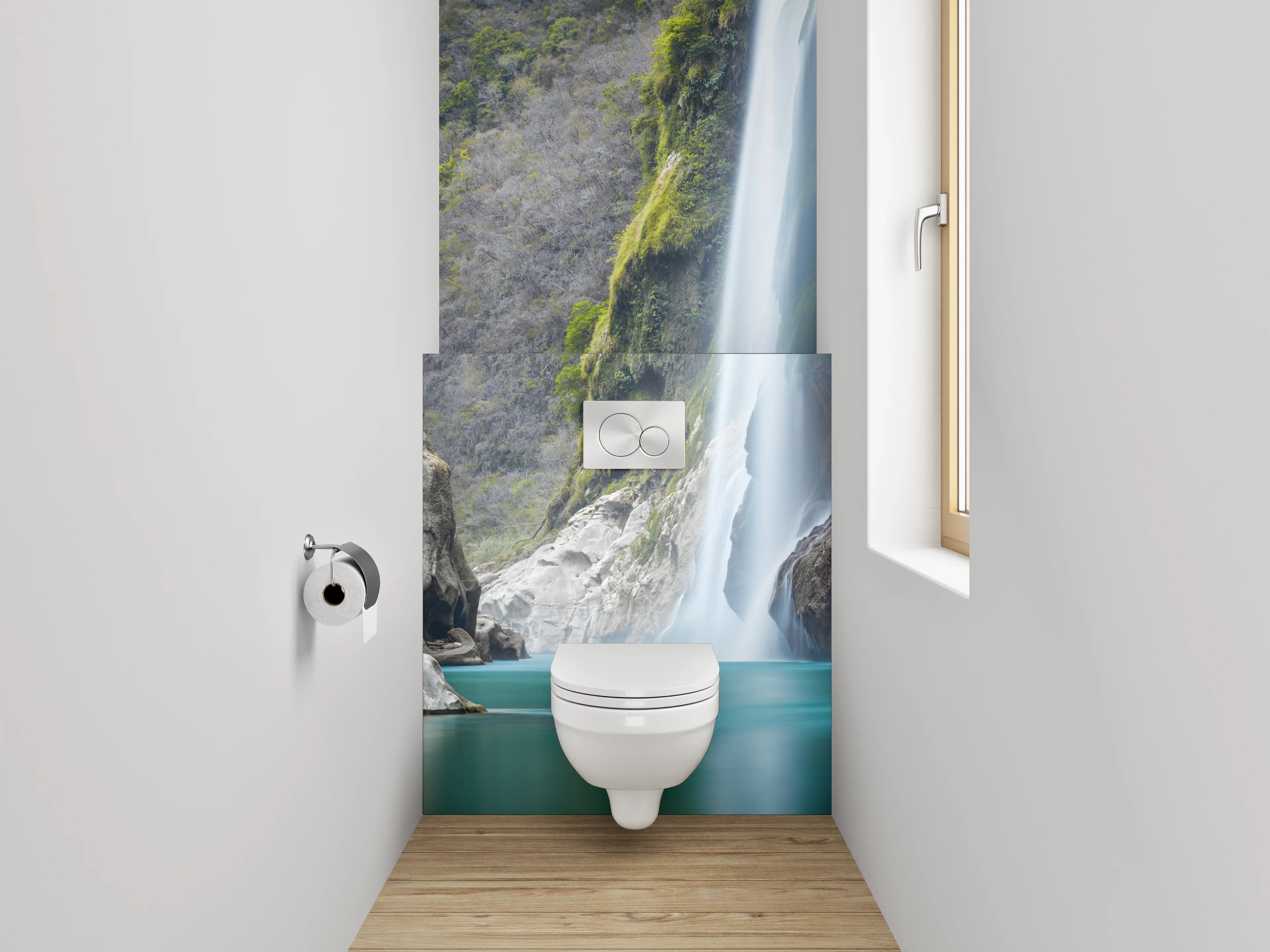 WC-Rückwand - Majestätischer Wasserfall in türkisfarbenem Tal