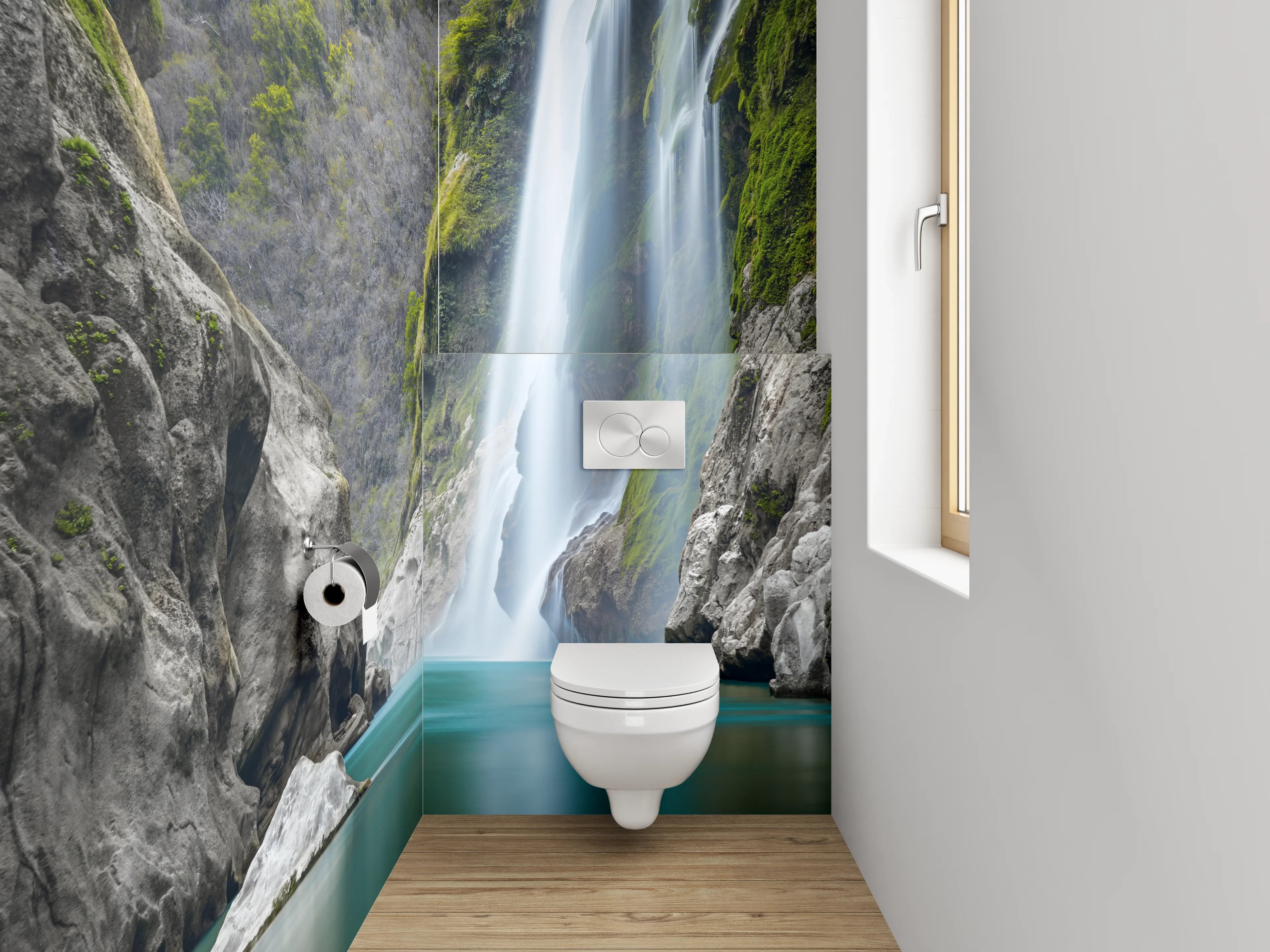 WC-Rückwand - Majestätischer Wasserfall in türkisfarbenem Tal