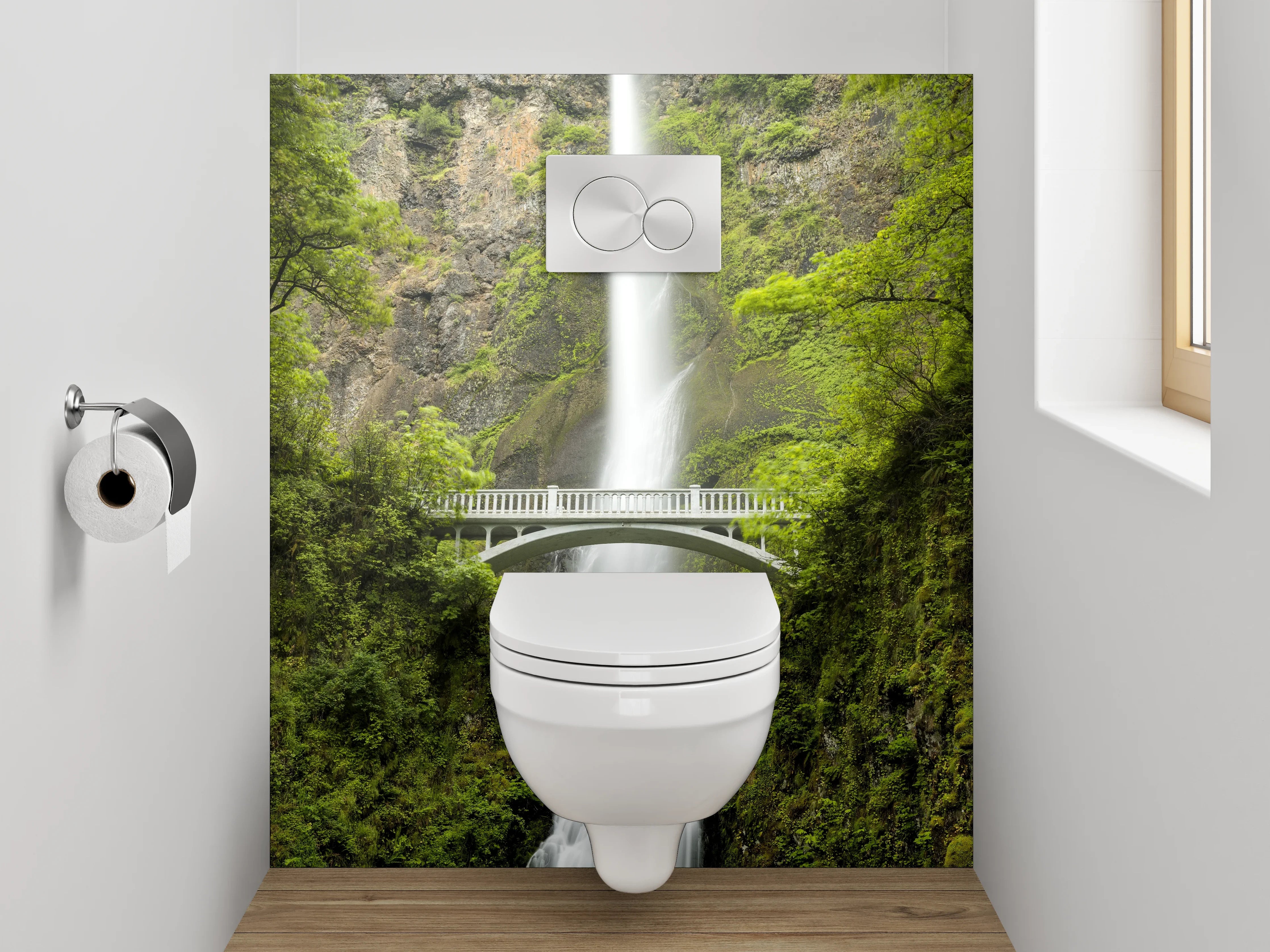 WC-Rückwand - Majestätischer Wasserfall mit Brücke