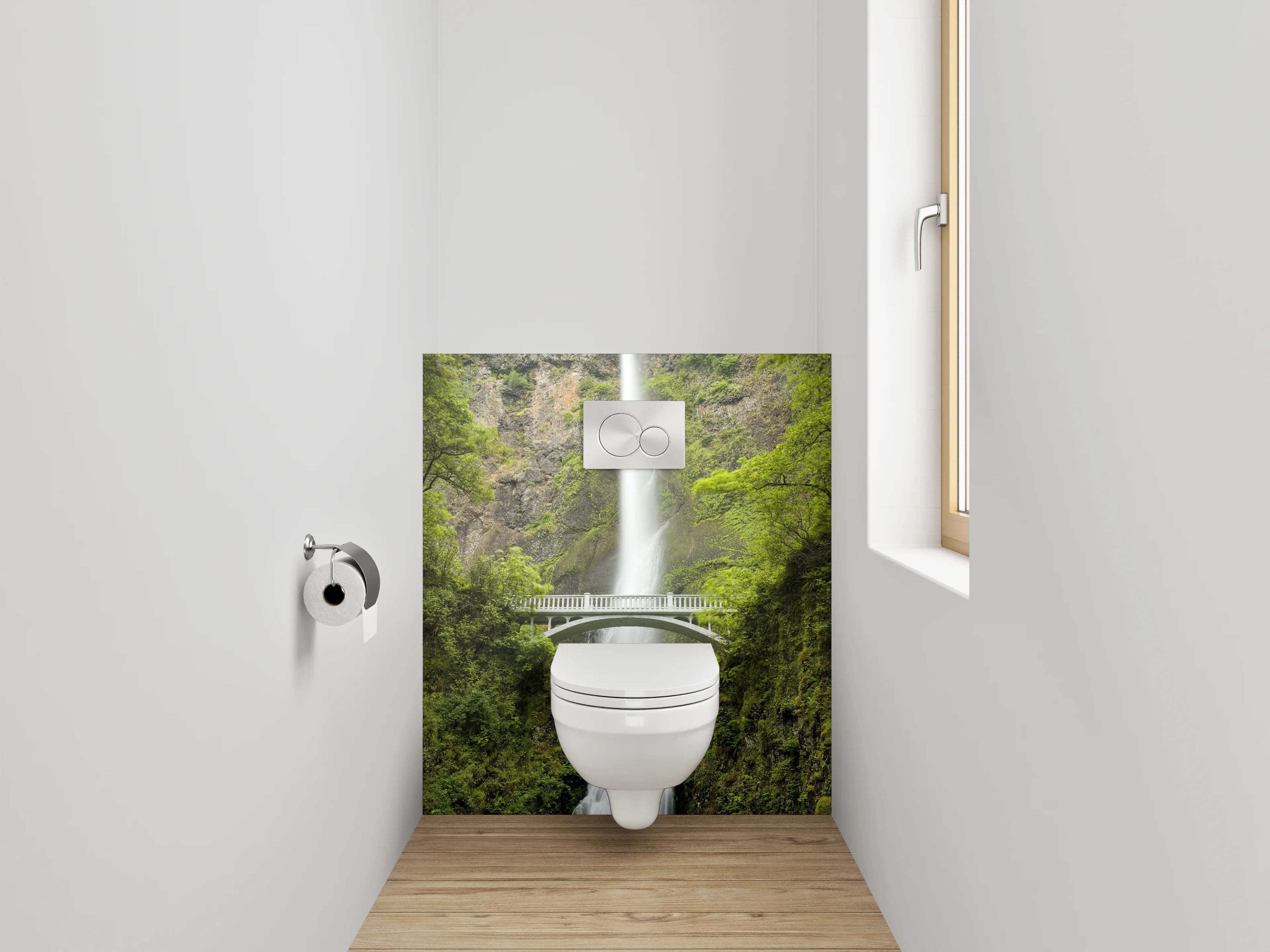 WC-Rückwand - Majestätischer Wasserfall mit Brücke