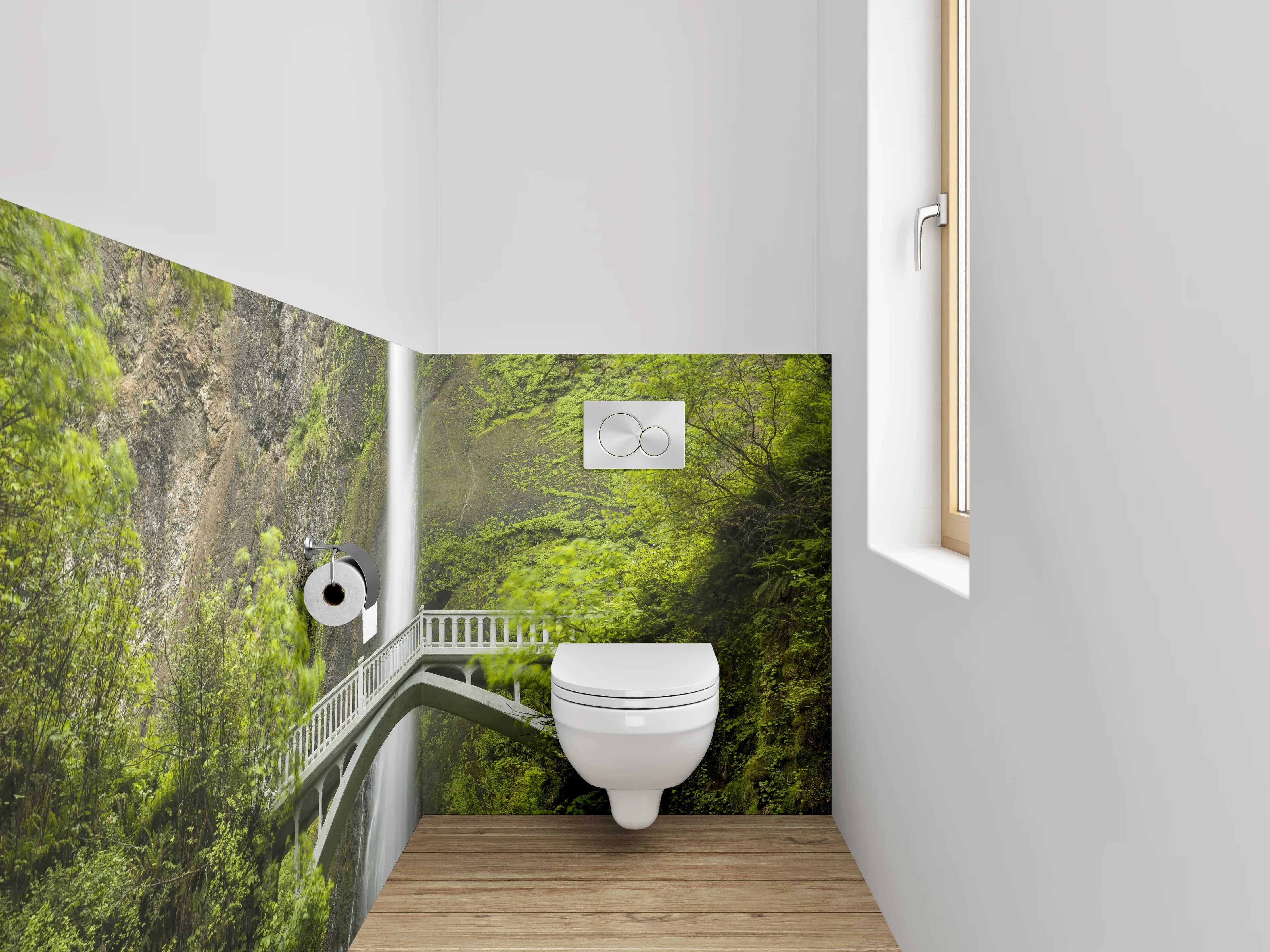WC-Rückwand - Majestätischer Wasserfall mit Brücke