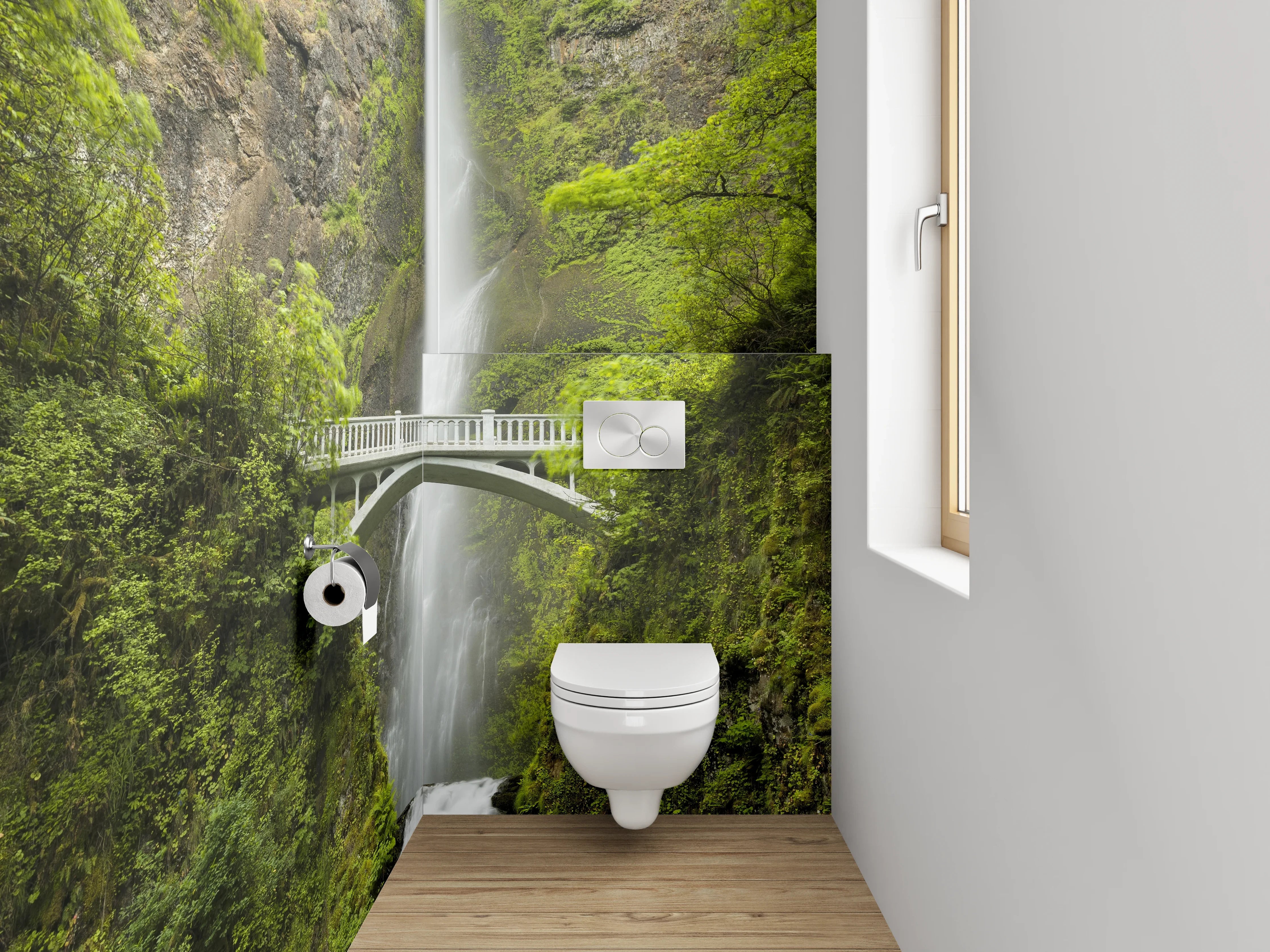 WC-Rückwand - Majestätischer Wasserfall mit Brücke
