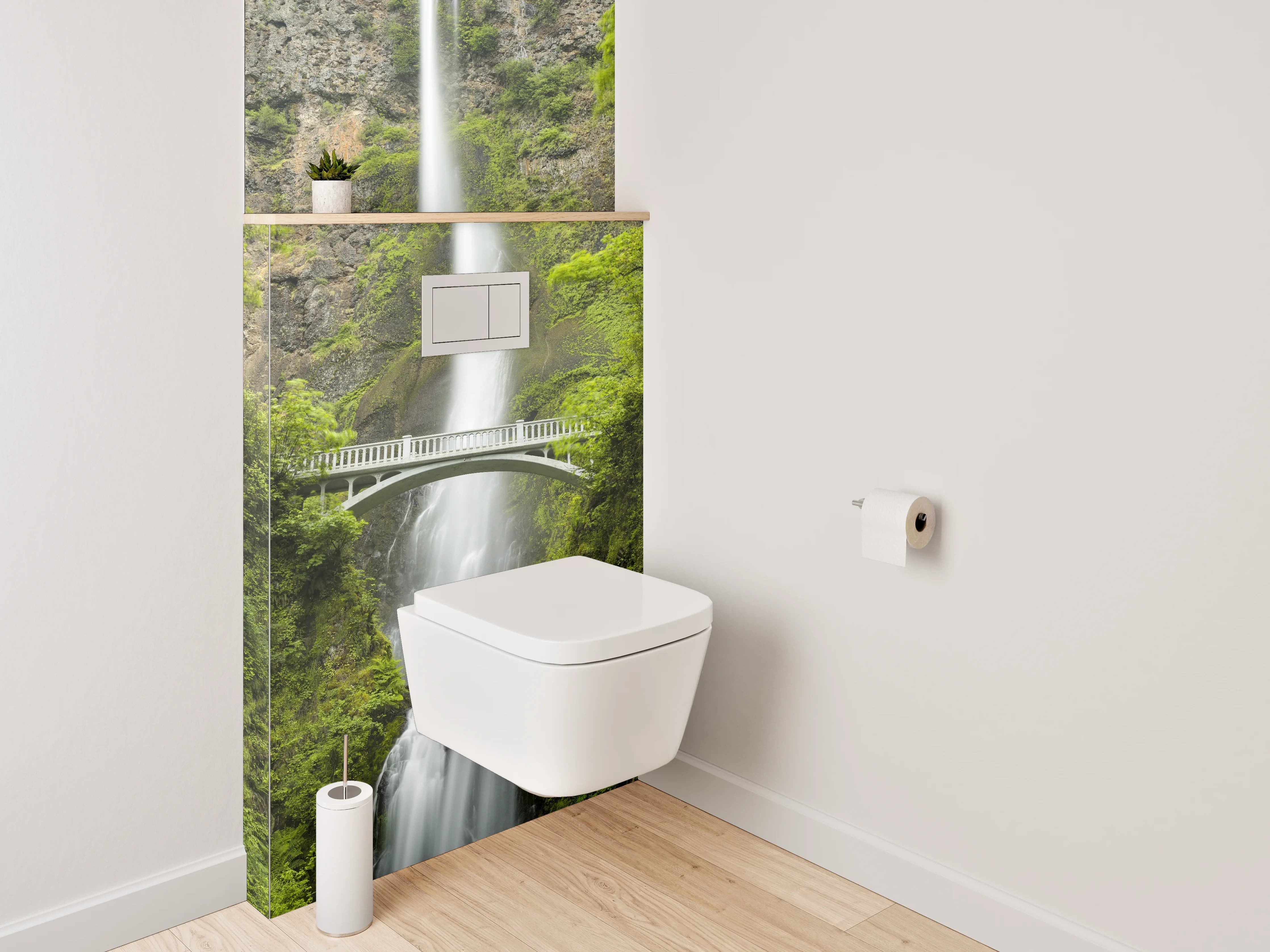 WC-Rückwand - Majestätischer Wasserfall mit Brücke