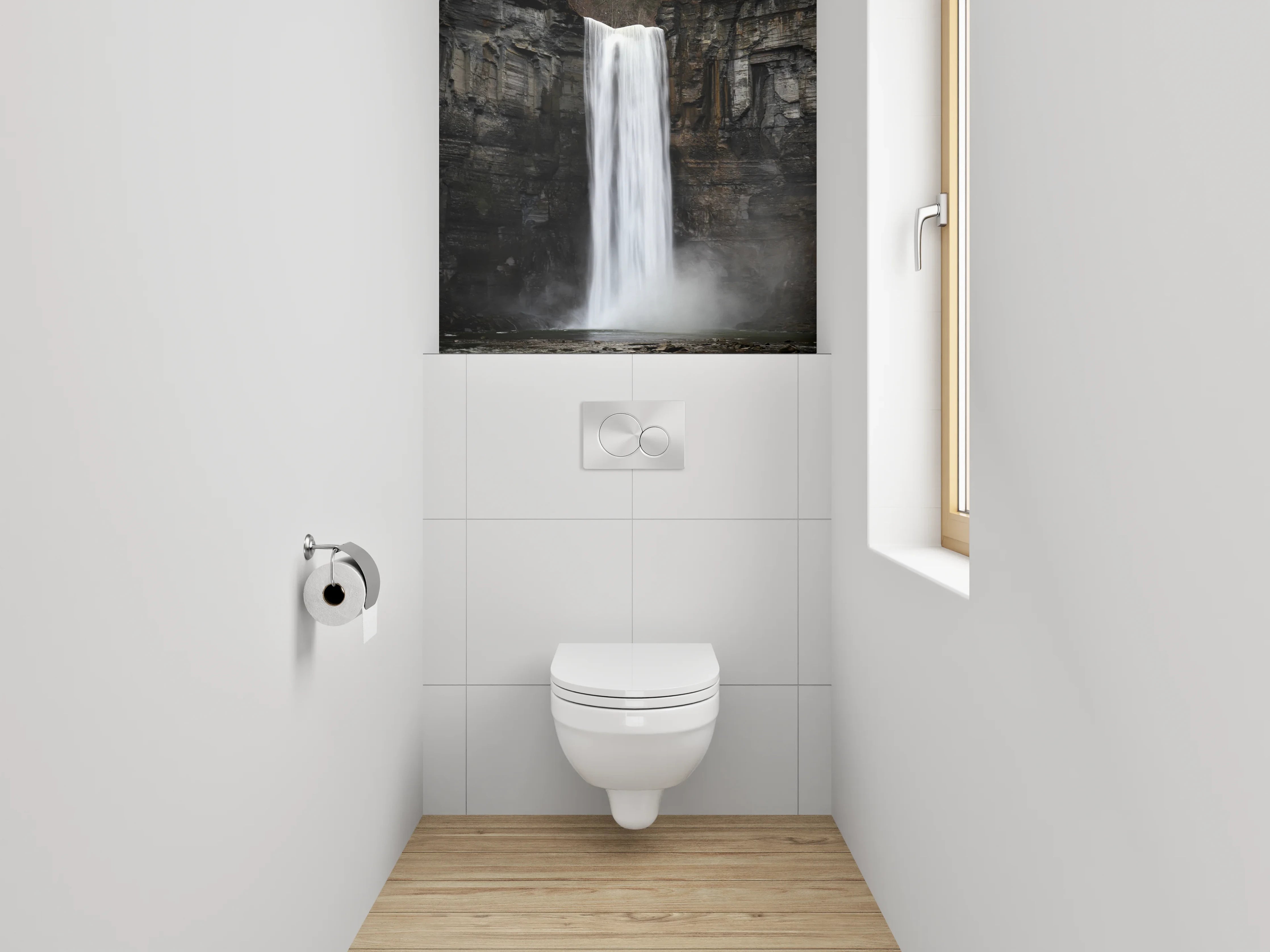 WC-Rückwand - Majestätischer Wasserfall vor Felswand