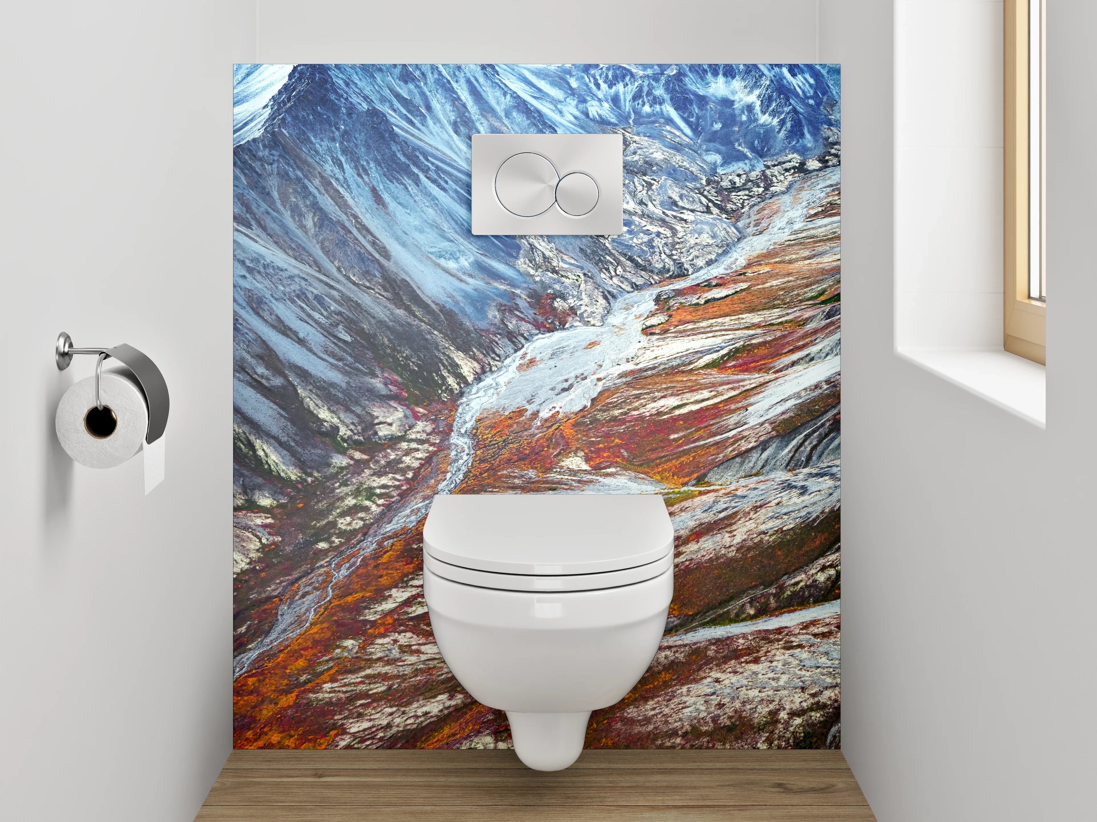 WC-Rückwand - Majestätisches Bergtal mit Farbakzenten