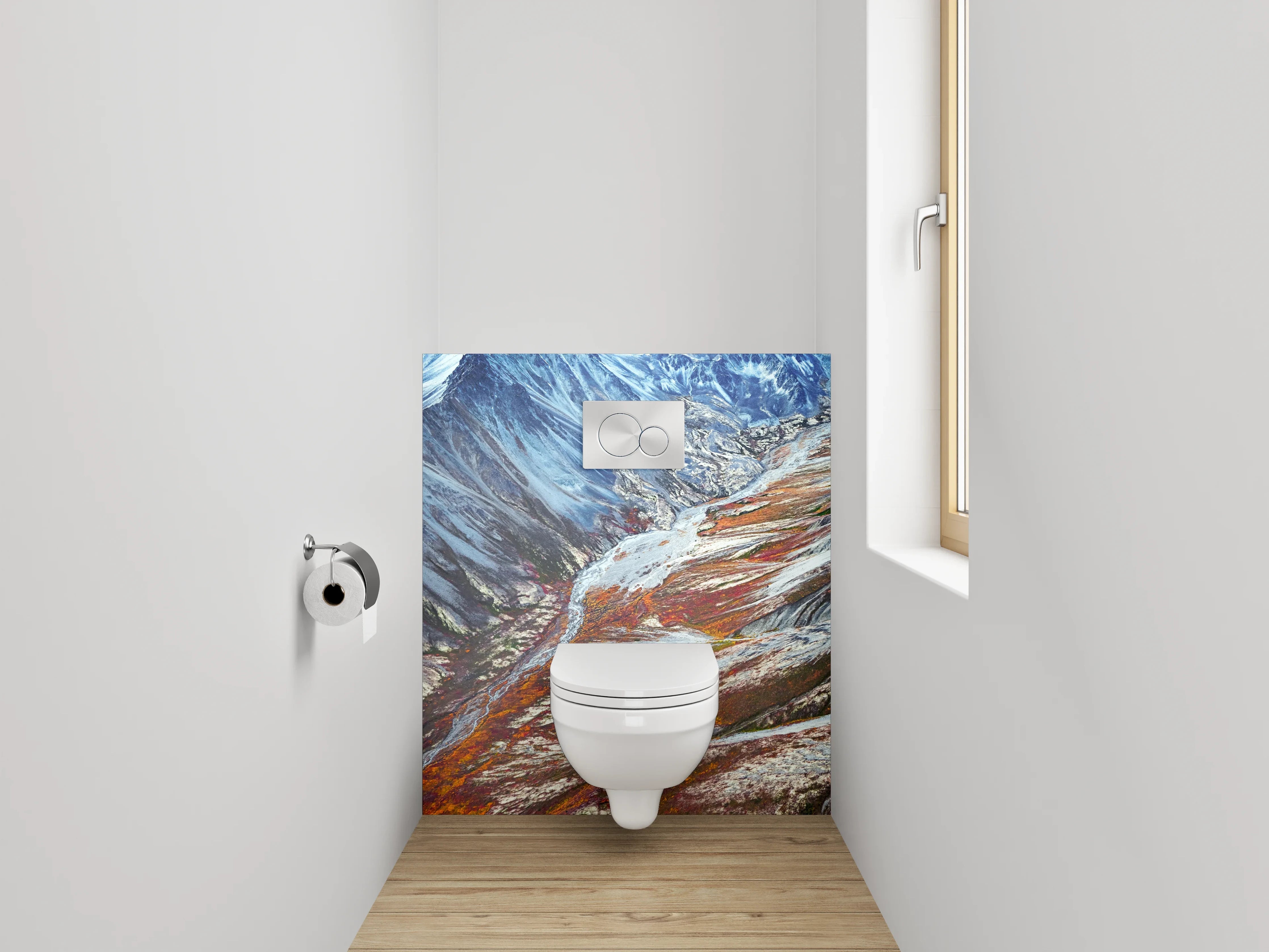 WC-Rückwand - Majestätisches Bergtal mit Farbakzenten