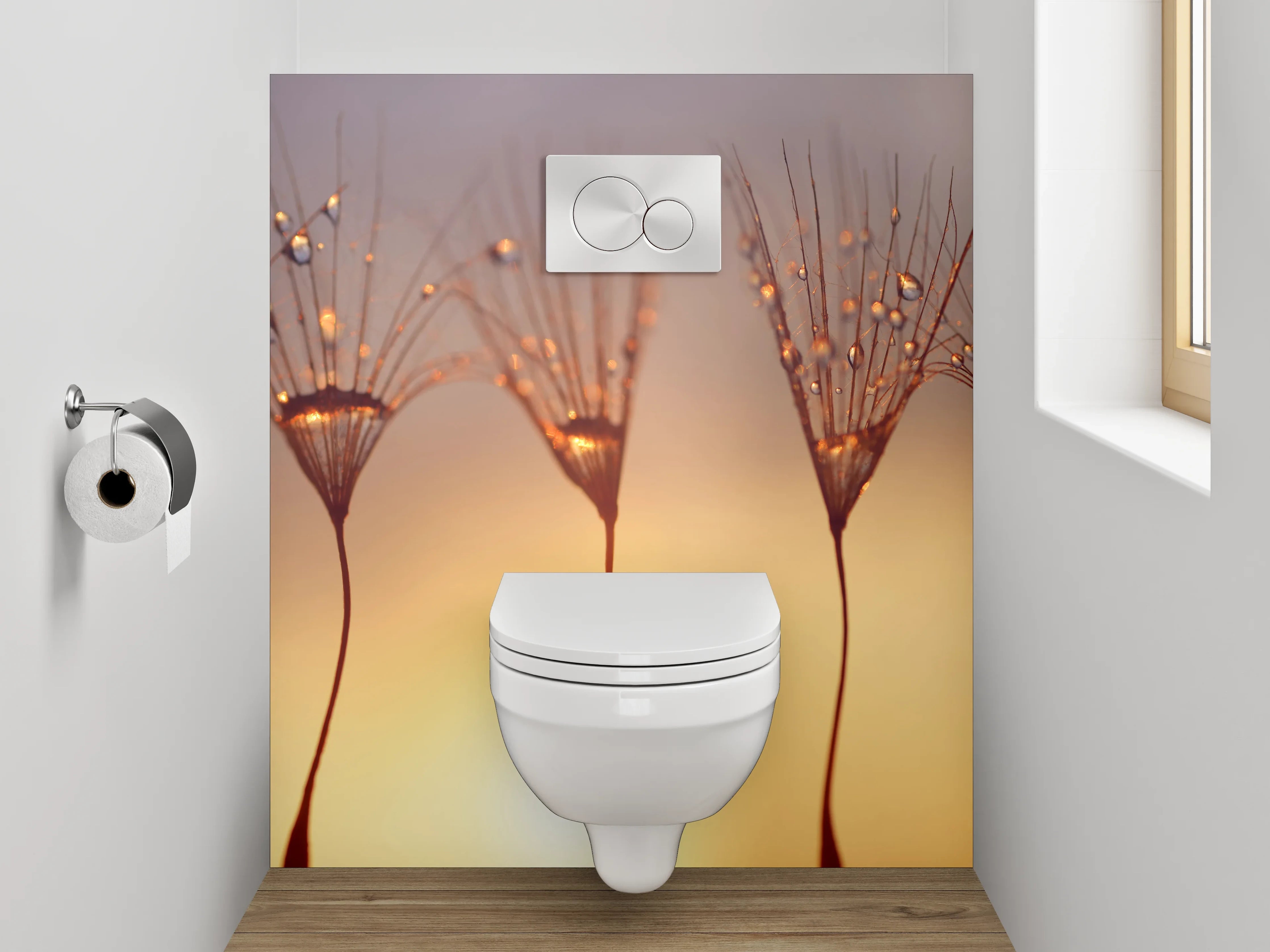WC-Rückwand - Makro Sonnenaufgang Pusteblume Tropfen