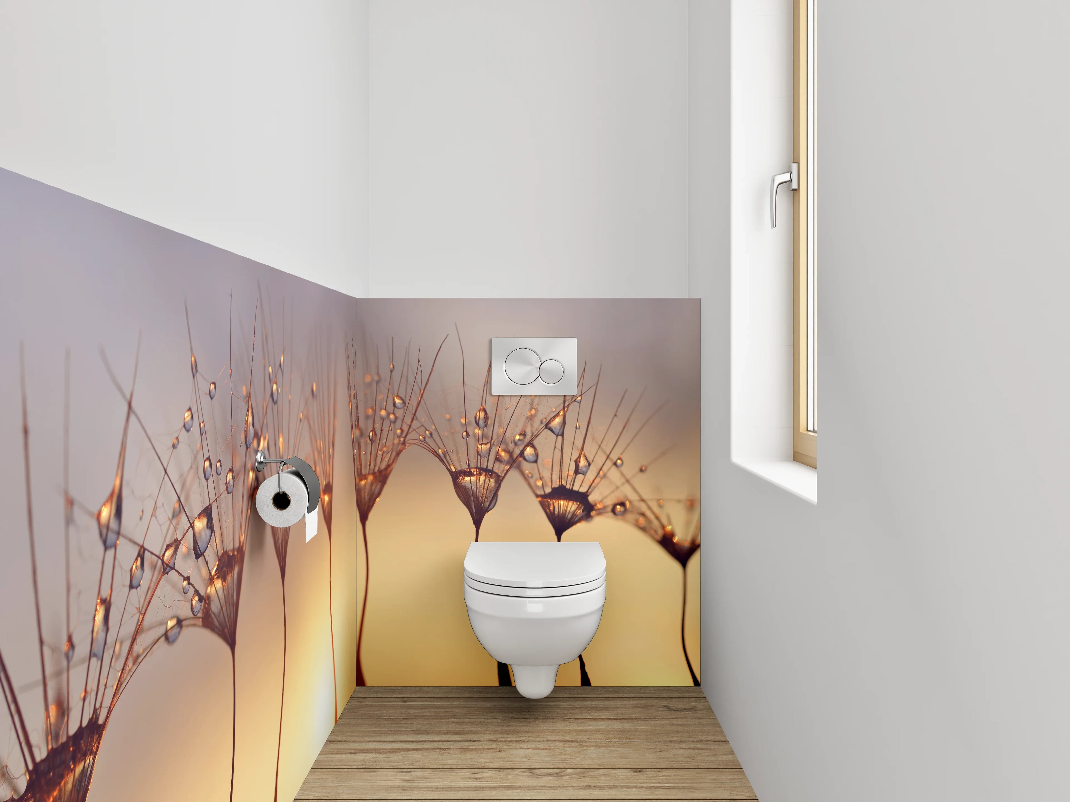 WC-Rückwand - Makro Sonnenaufgang Pusteblume Tropfen