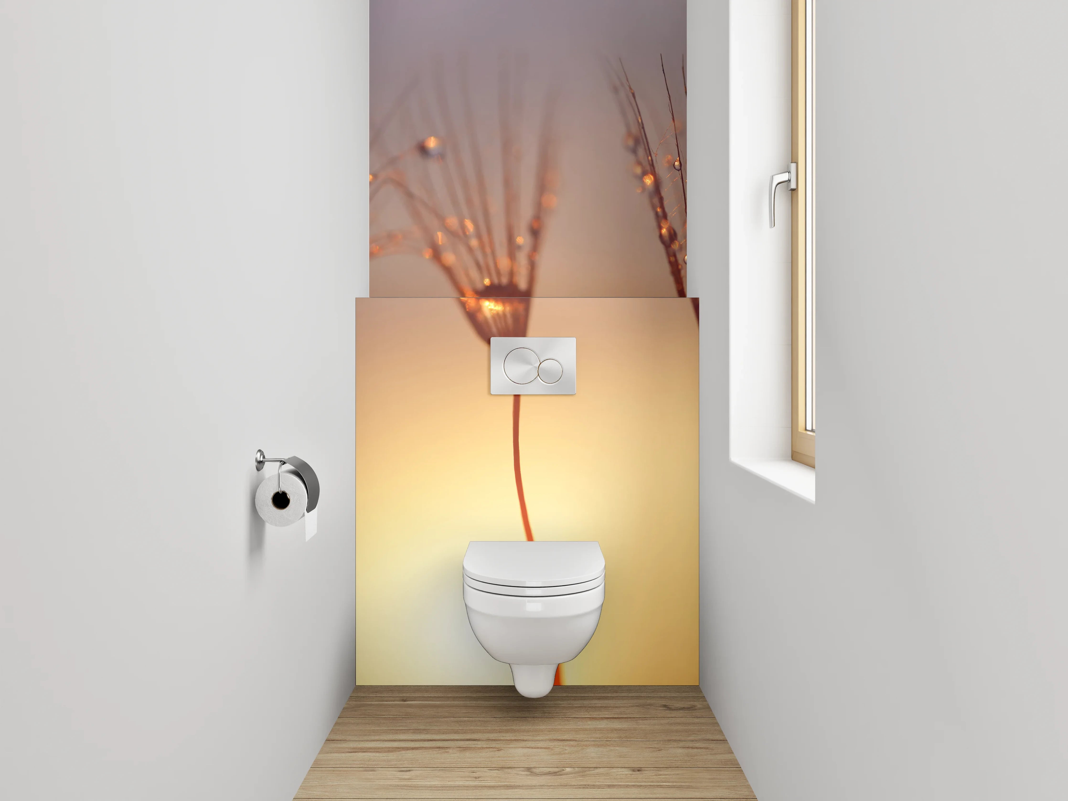 WC-Rückwand - Makro Sonnenaufgang Pusteblume Tropfen