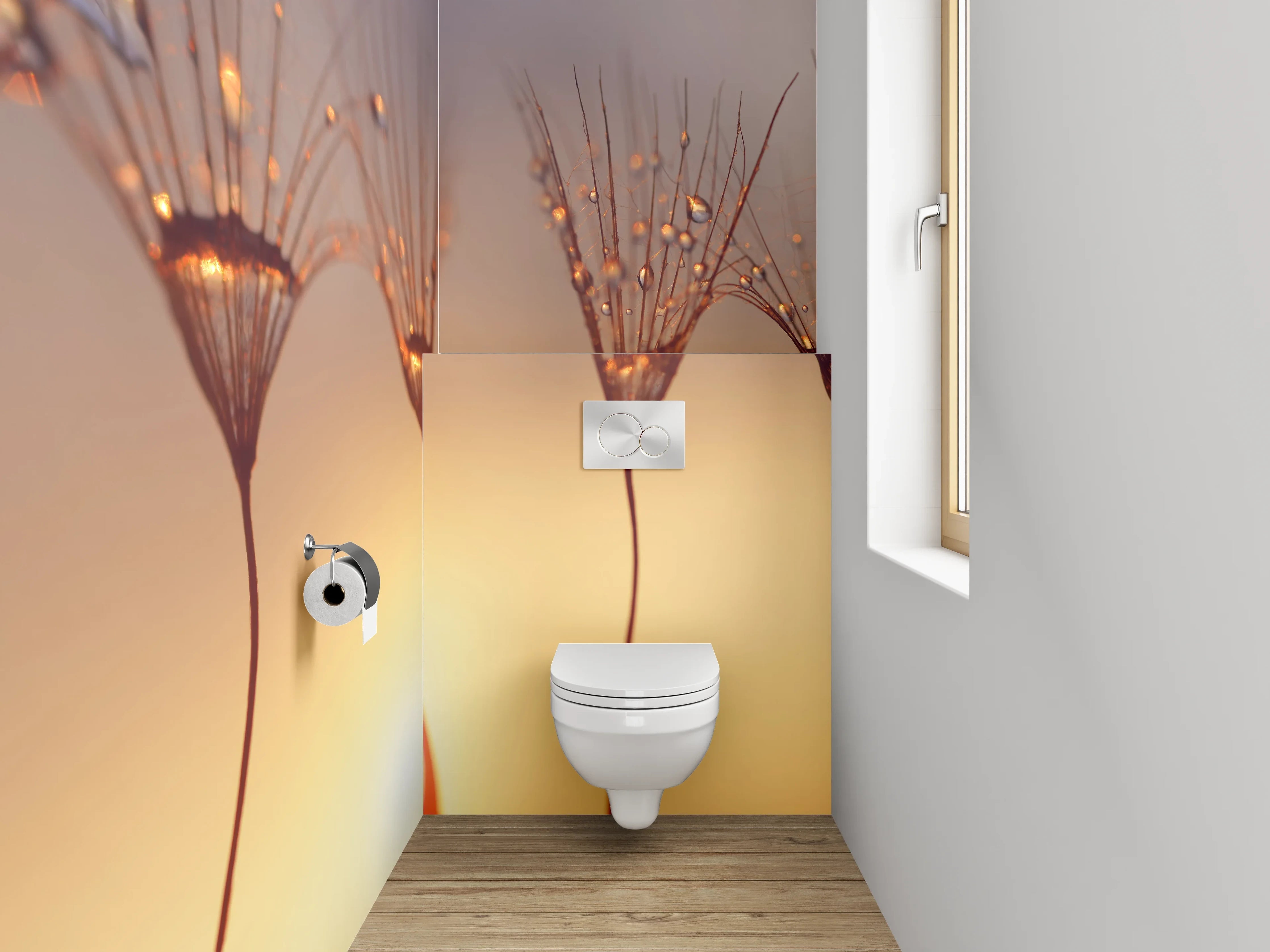 WC-Rückwand - Makro Sonnenaufgang Pusteblume Tropfen