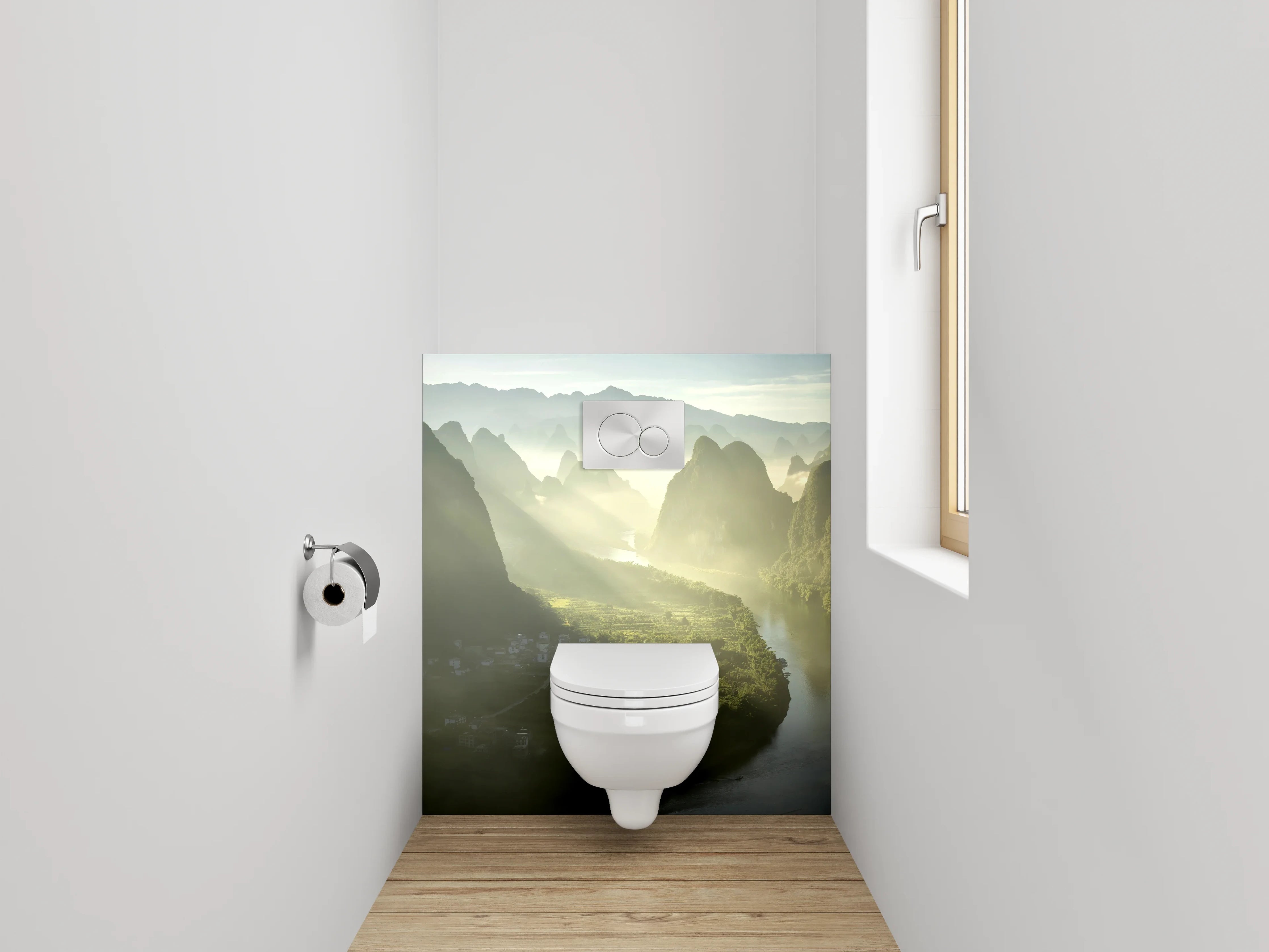WC-Rückwand - Malerische Flusslandschaft mit Bergen