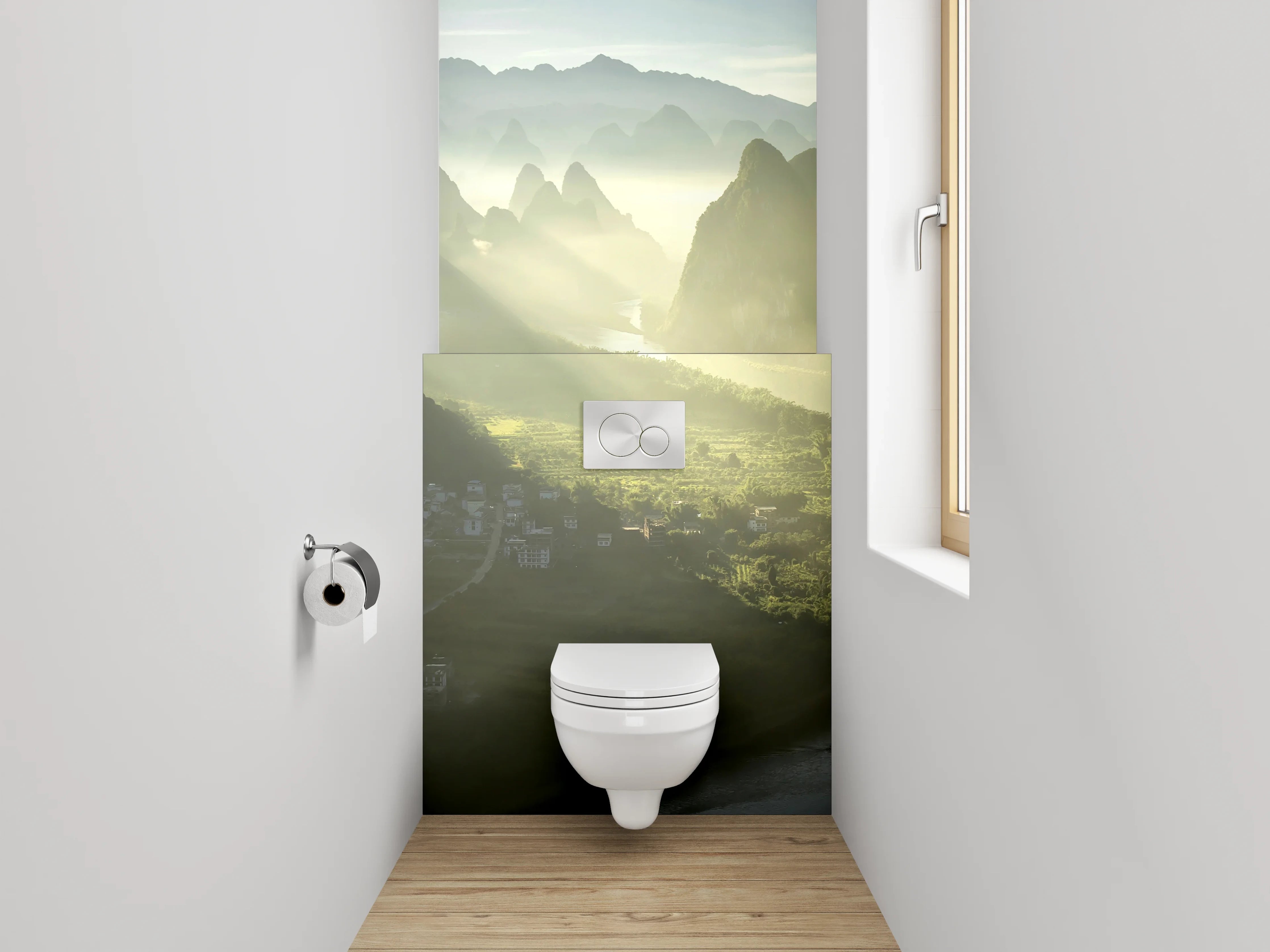 WC-Rückwand - Malerische Flusslandschaft mit Bergen