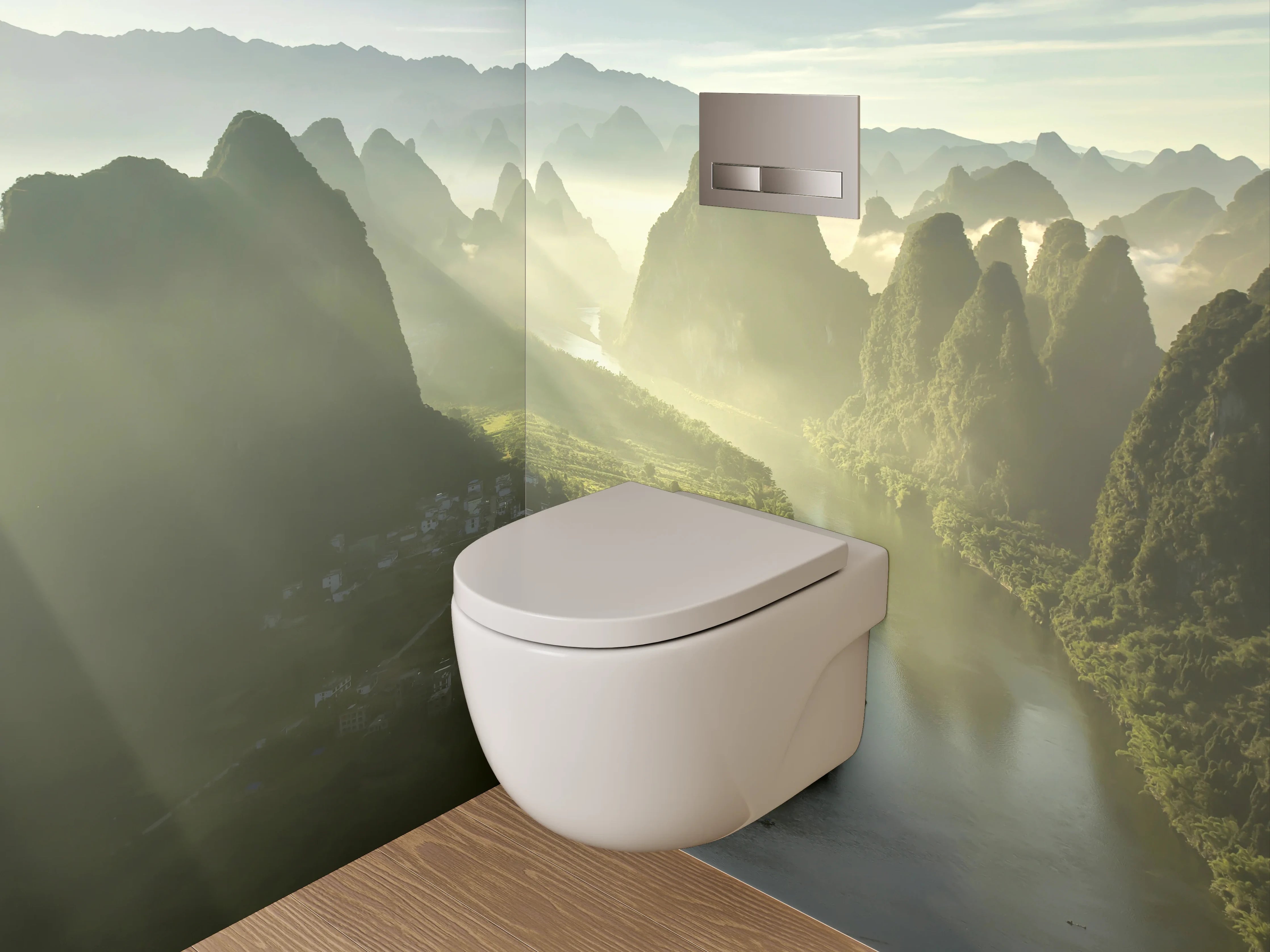 WC-Rückwand - Malerische Flusslandschaft mit Bergen