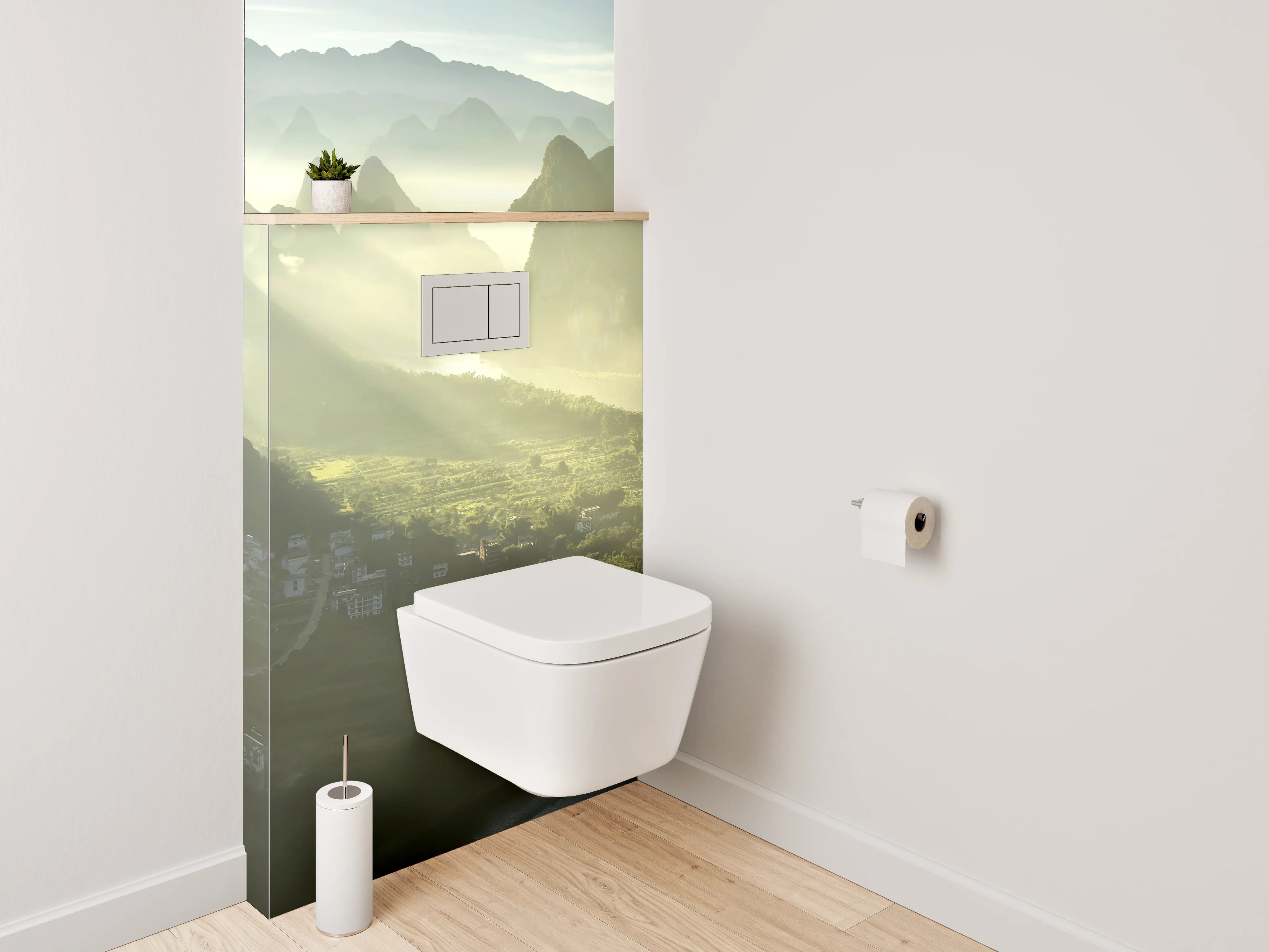 WC-Rückwand - Malerische Flusslandschaft mit Bergen