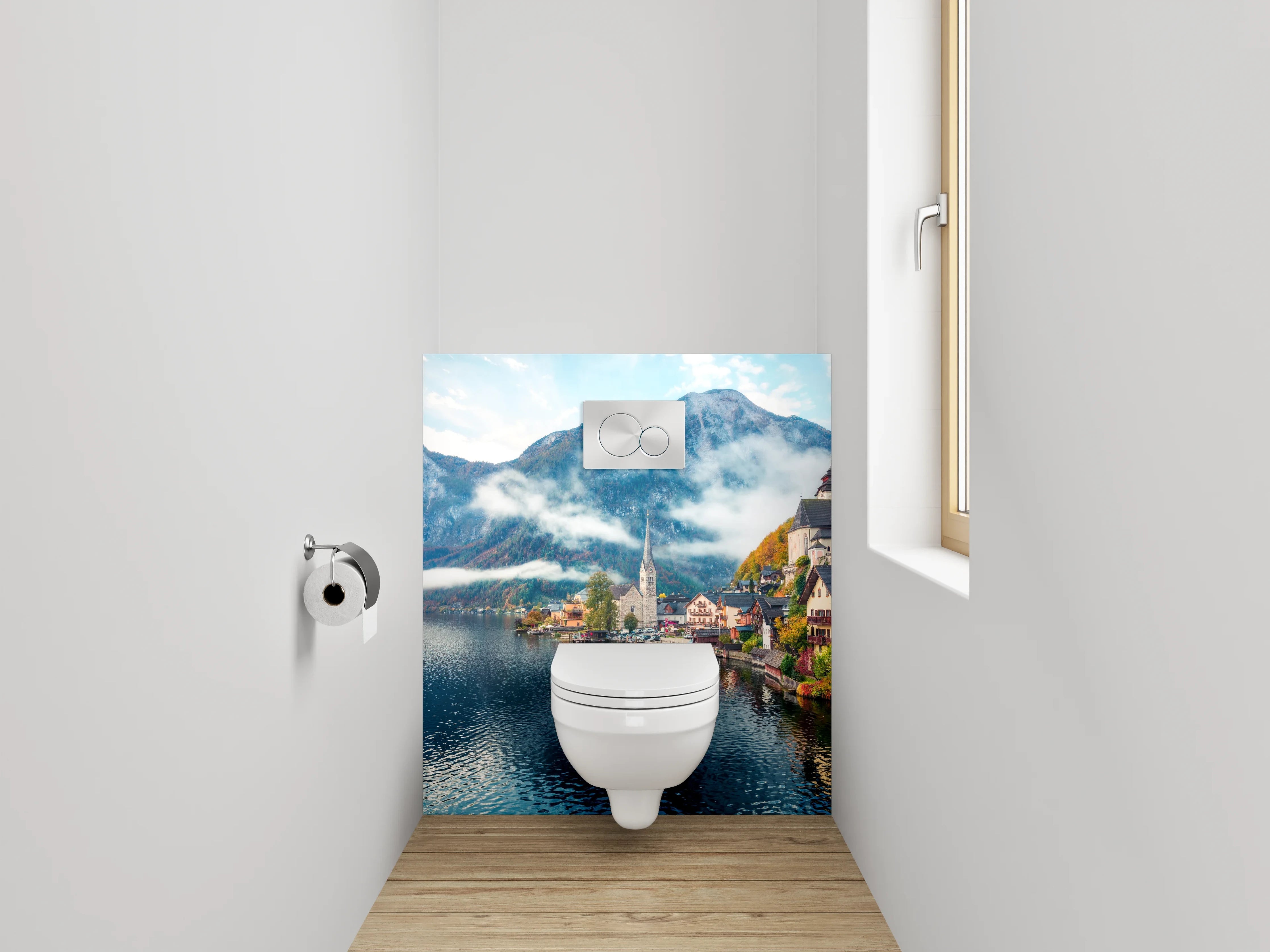 WC-Rückwand - Malerisches Bergdorf am glitzernden See