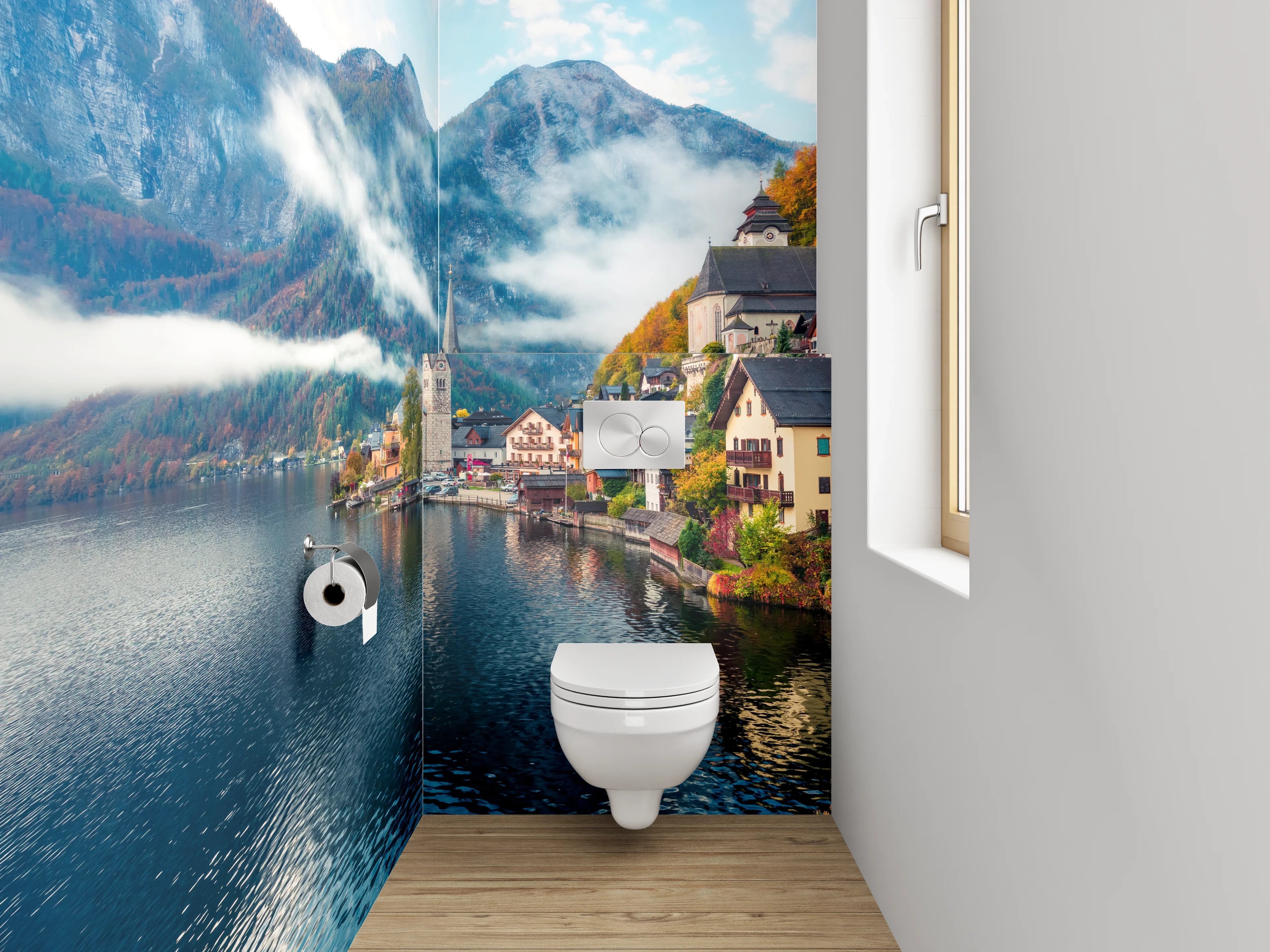 WC-Rückwand - Malerisches Bergdorf am glitzernden See