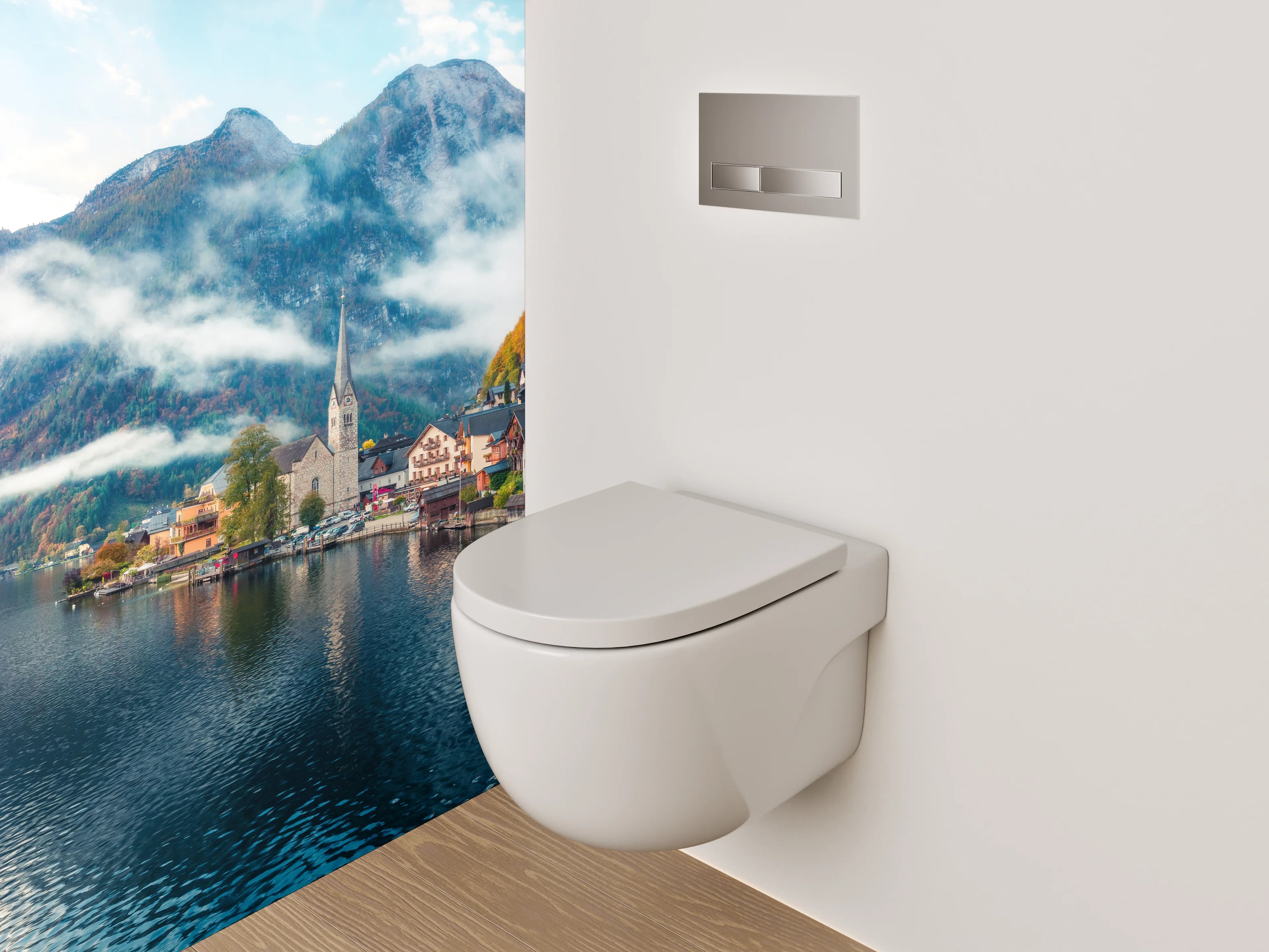 WC-Rückwand - Malerisches Bergdorf am glitzernden See