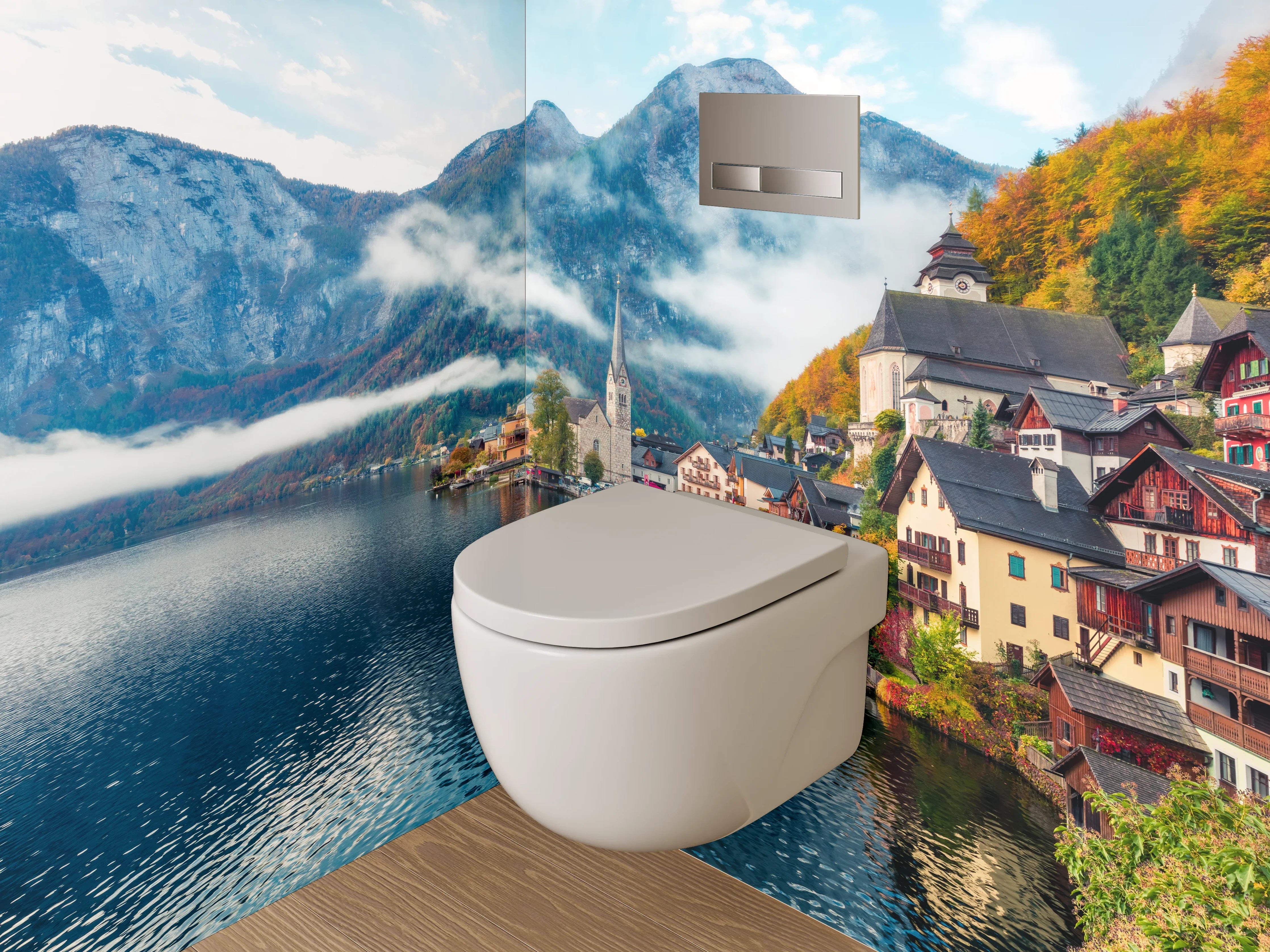 WC-Rückwand - Malerisches Bergdorf am glitzernden See