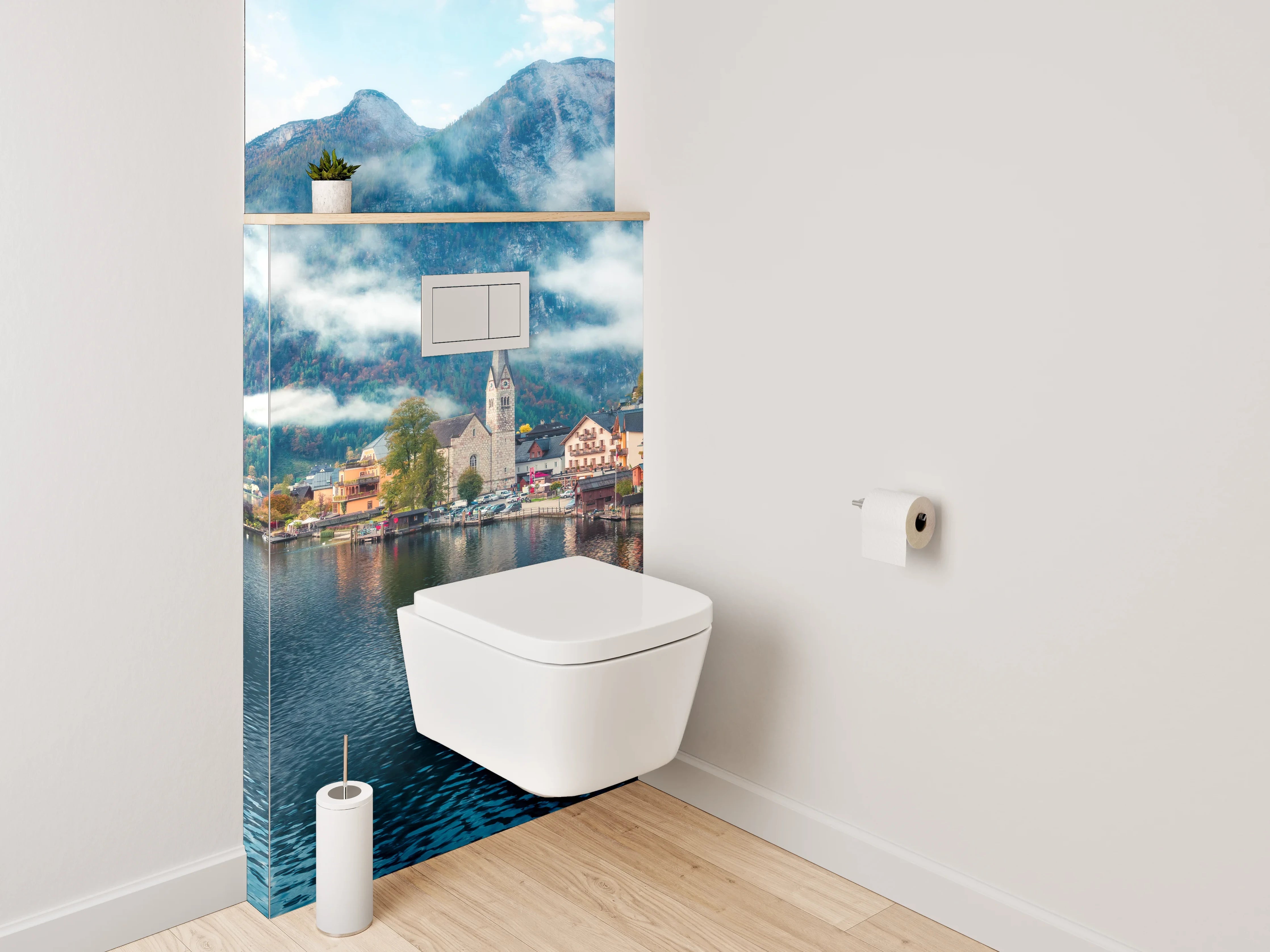 WC-Rückwand - Malerisches Bergdorf am glitzernden See