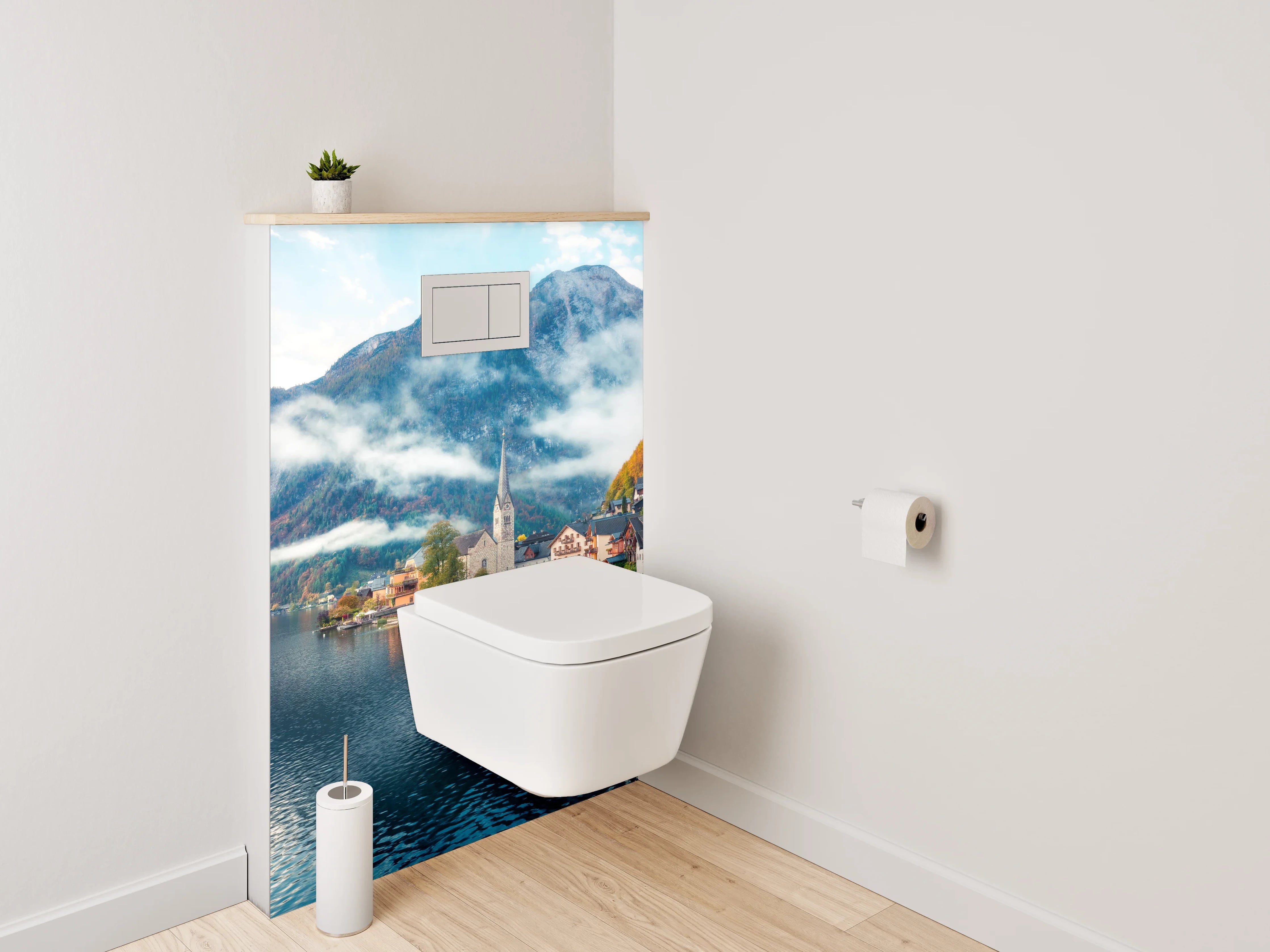 WC-Rückwand - Malerisches Bergdorf am glitzernden See