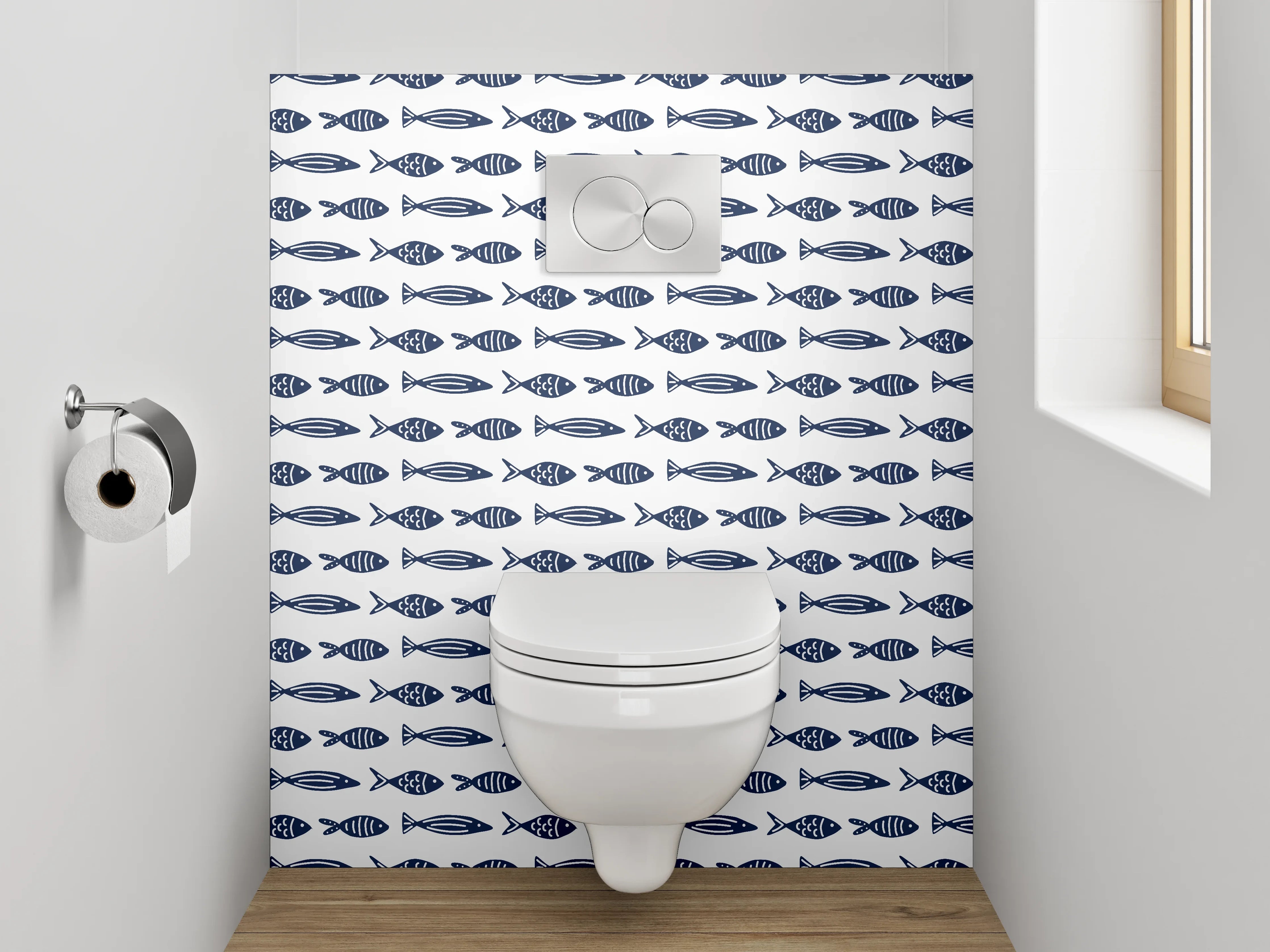 WC-Rückwand - Maritimes Fisch-Muster blau-weiß