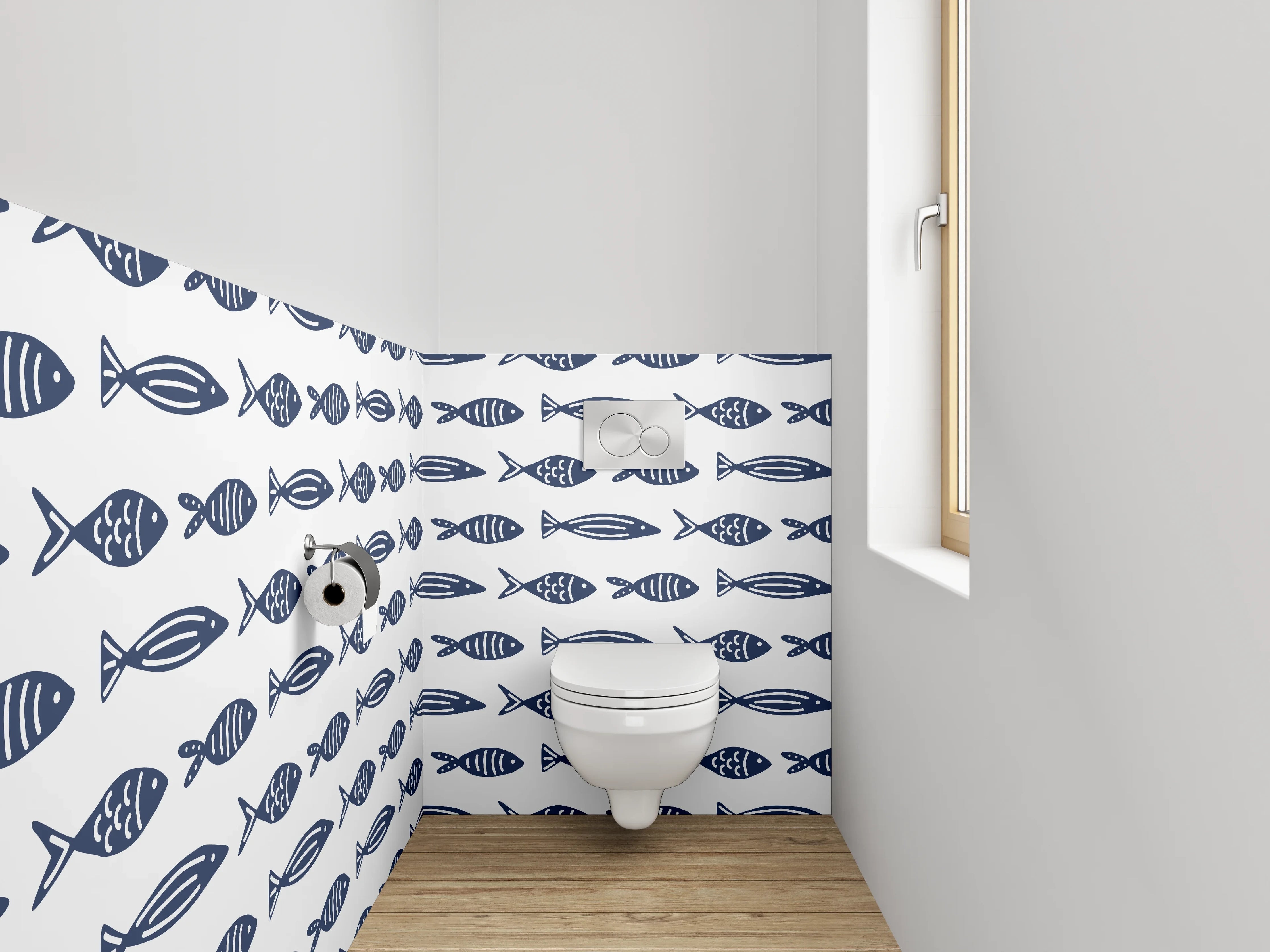 WC-Rückwand - Maritimes Fisch-Muster blau-weiß