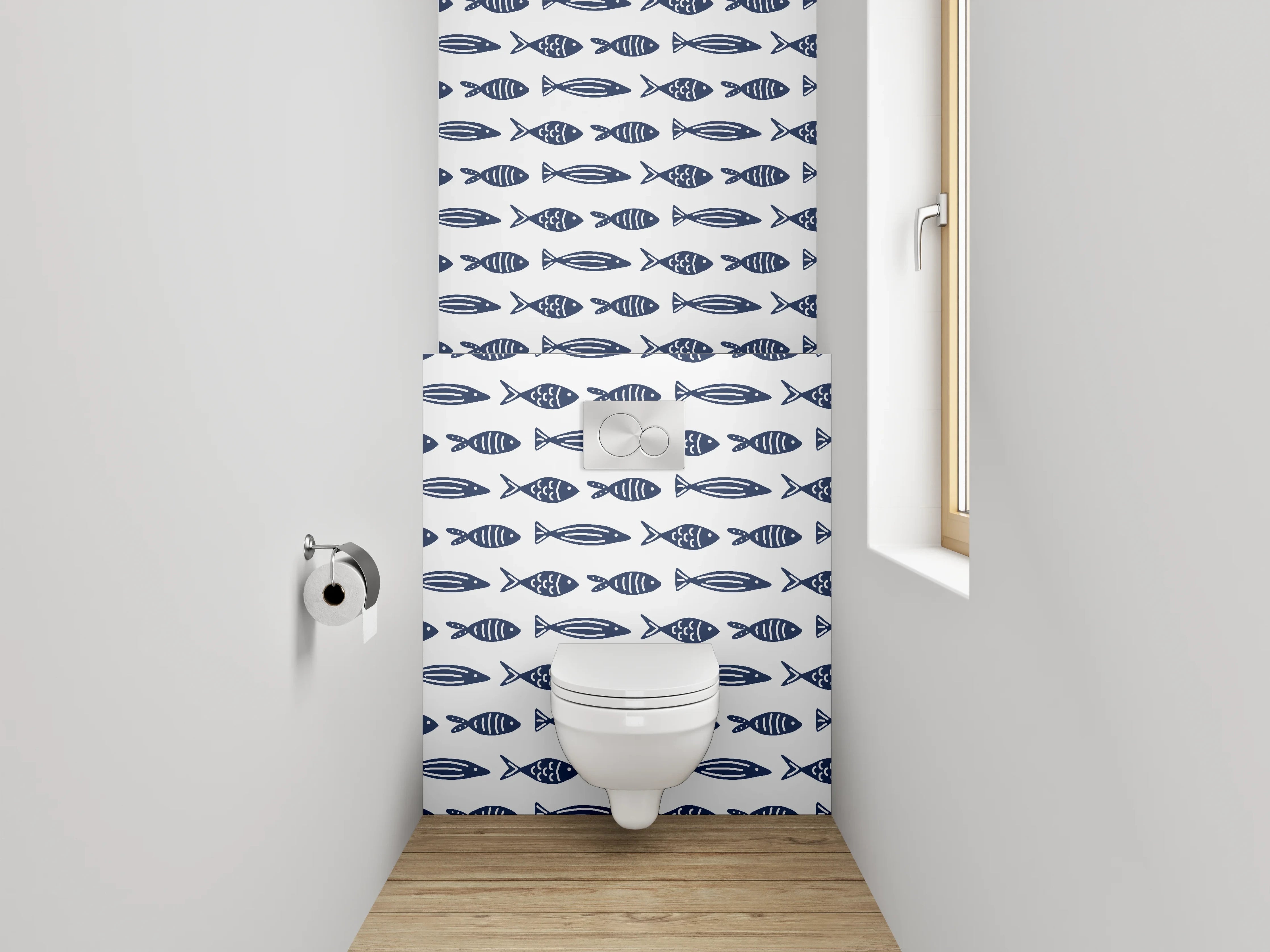 WC-Rückwand - Maritimes Fisch-Muster blau-weiß