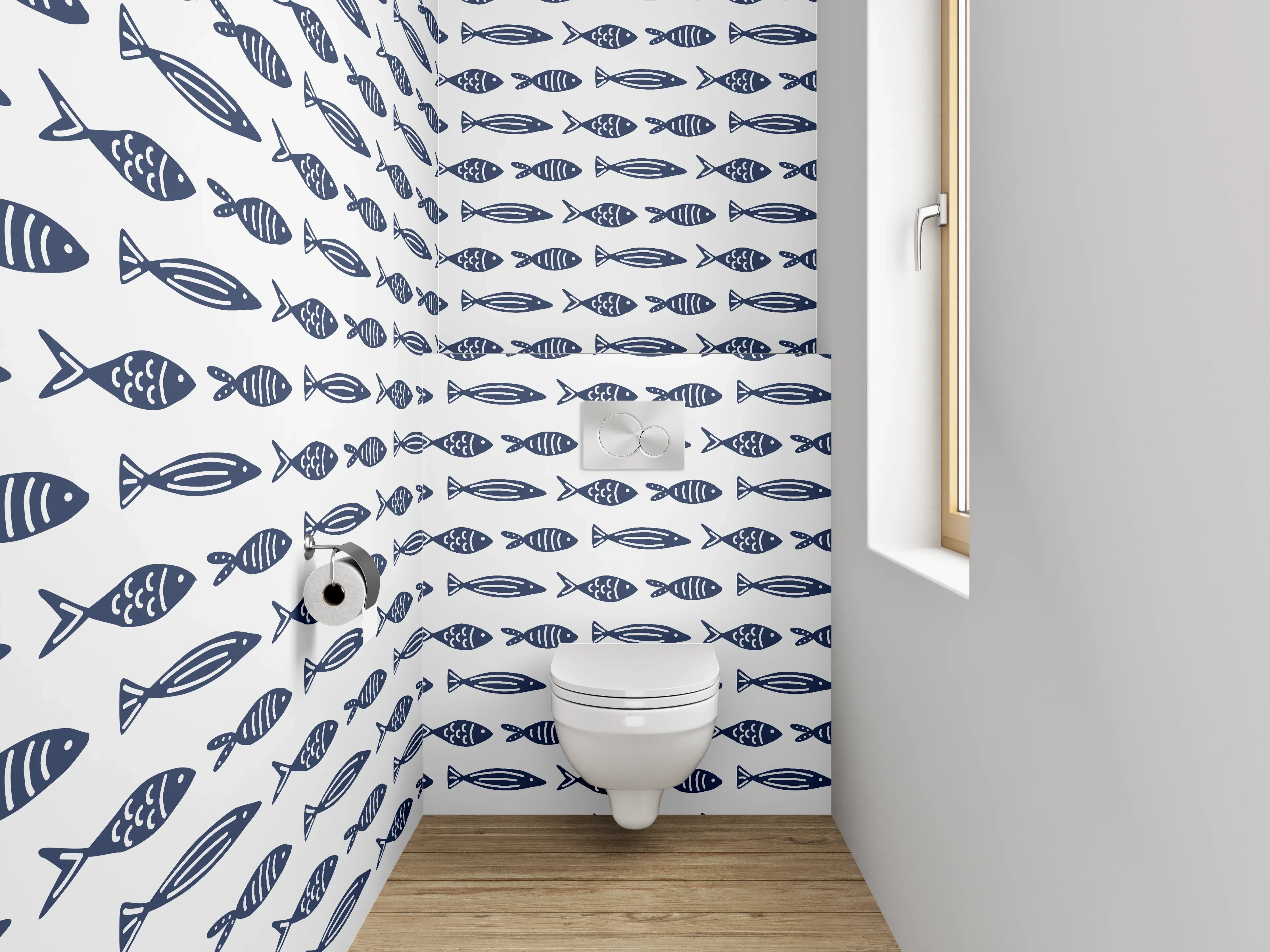 WC-Rückwand - Maritimes Fisch-Muster blau-weiß