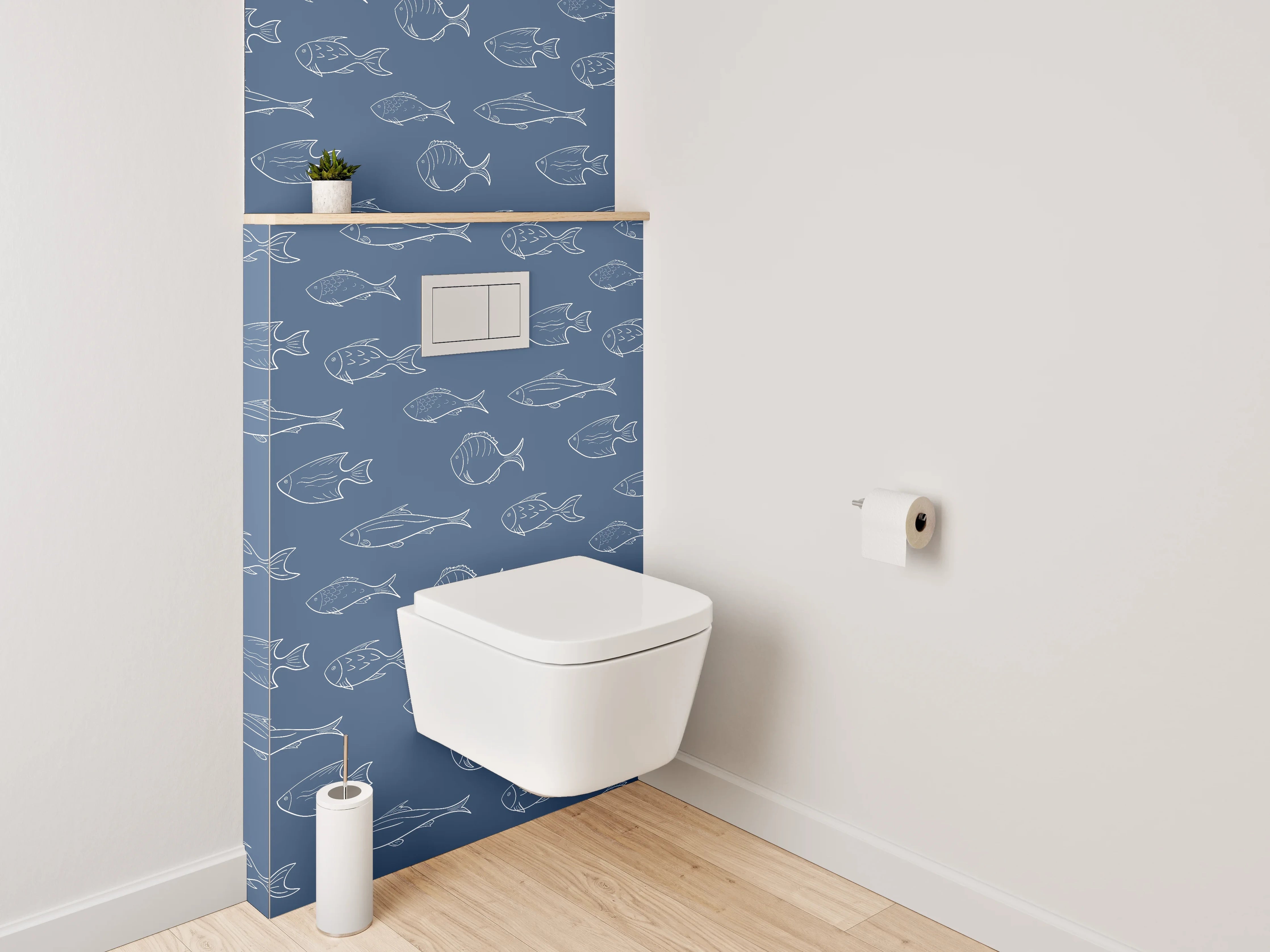 WC-Rückwand - Maritimes Fischmuster Blau Weiß