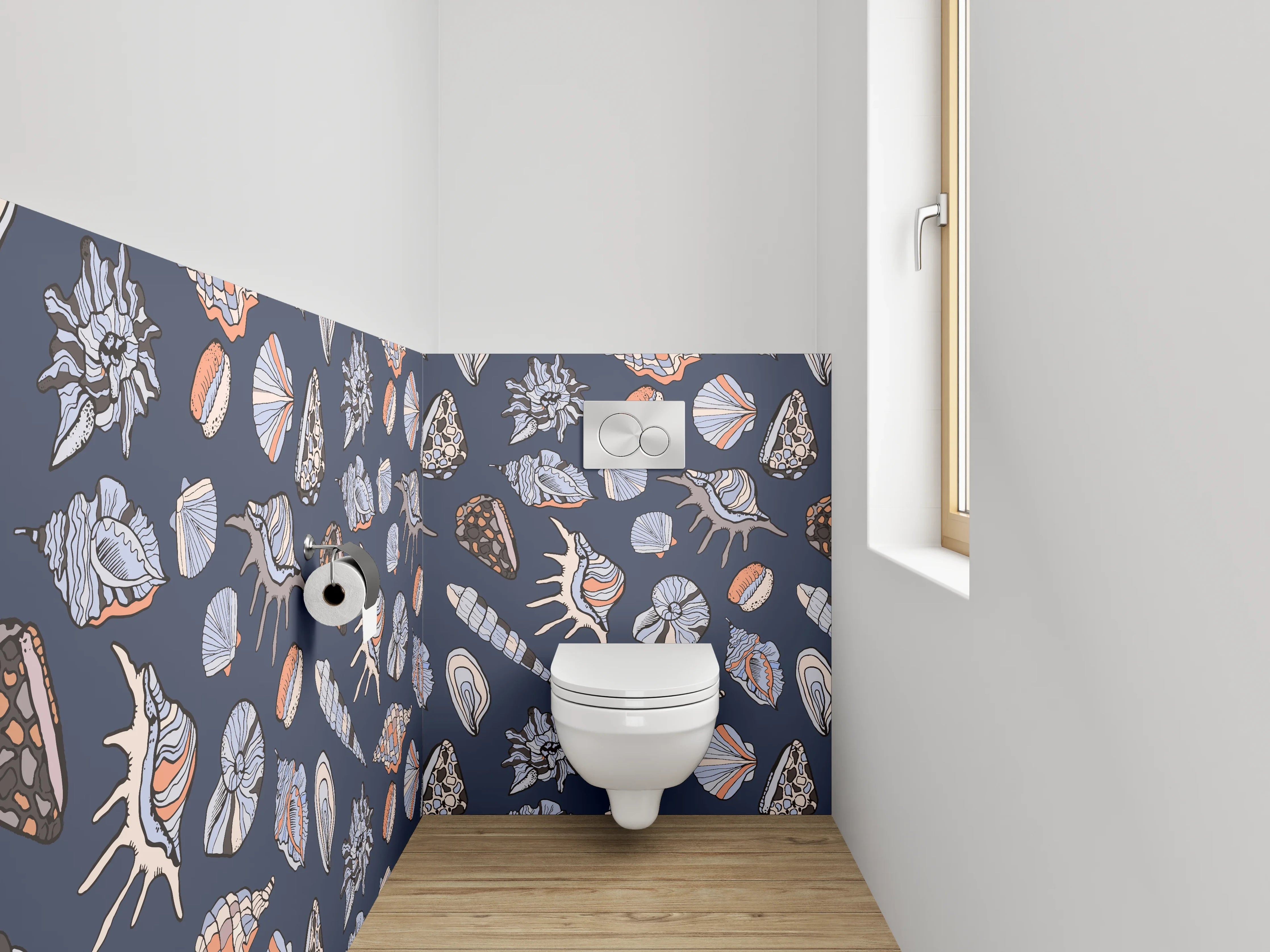 WC-Rückwand - Maritimes Muschel-Muster Blau Beige