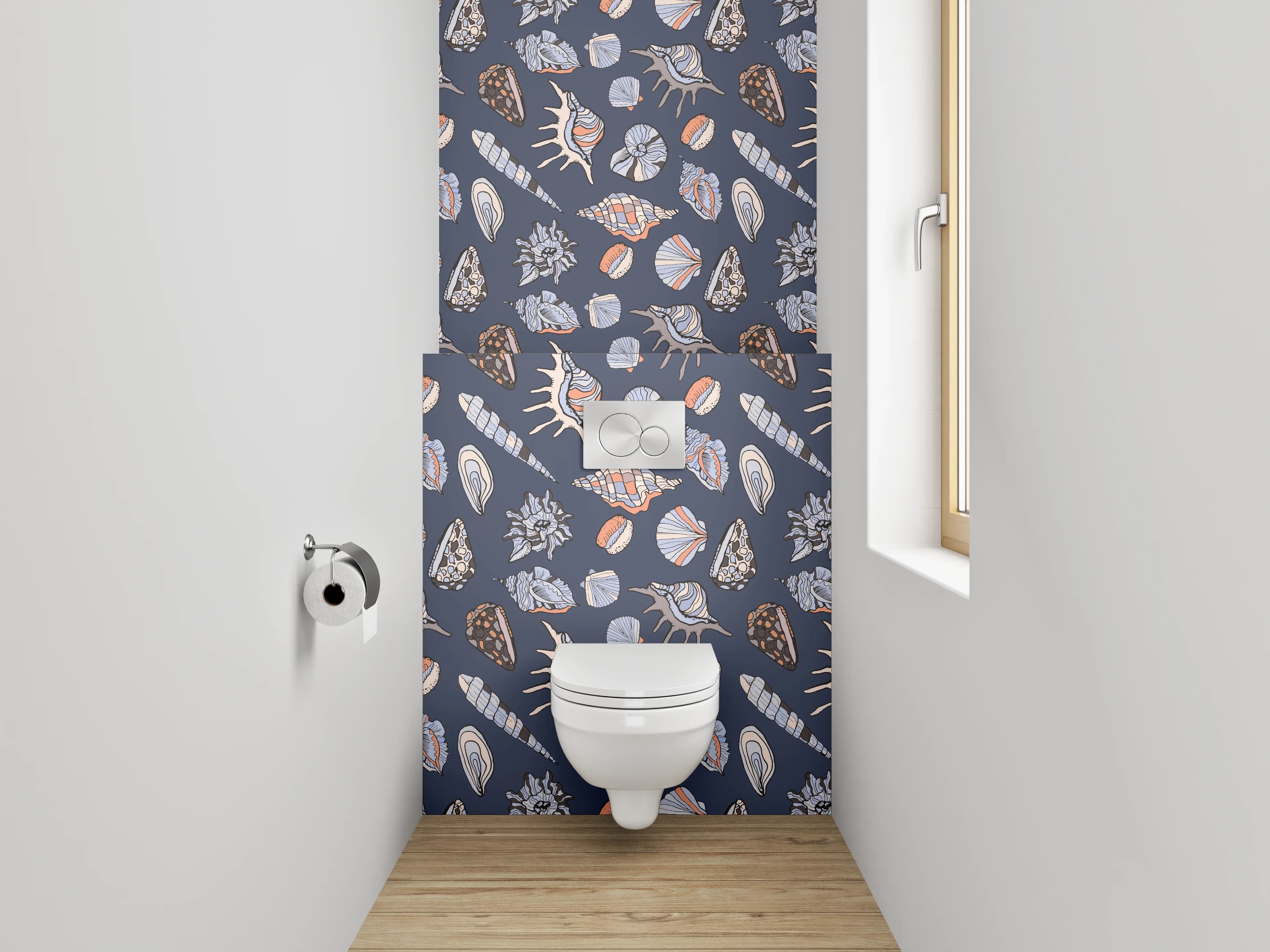 WC-Rückwand - Maritimes Muschel-Muster Blau Beige