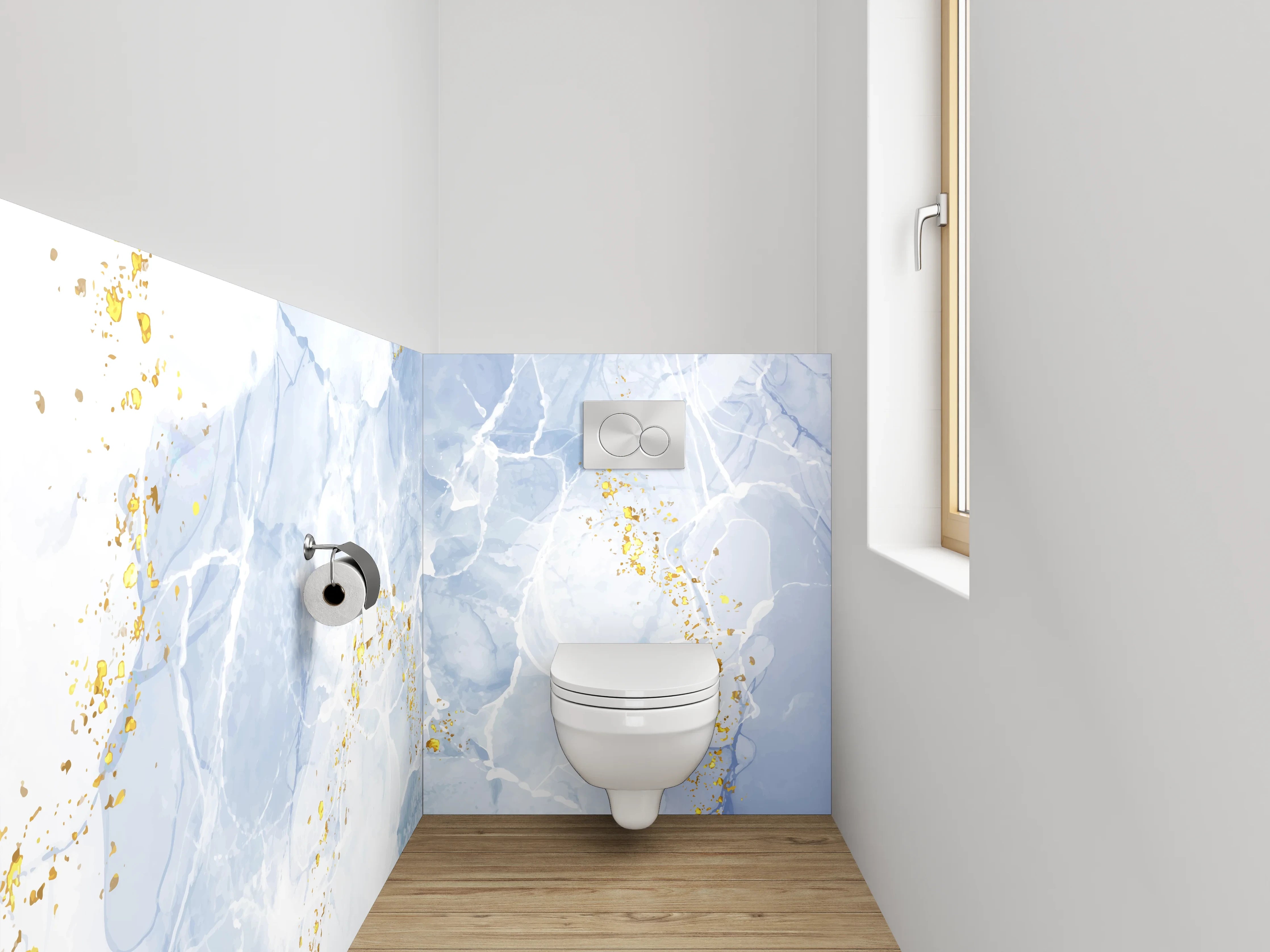 WC-Rückwand - Marmor Aquarell in Weiß Blau Gold