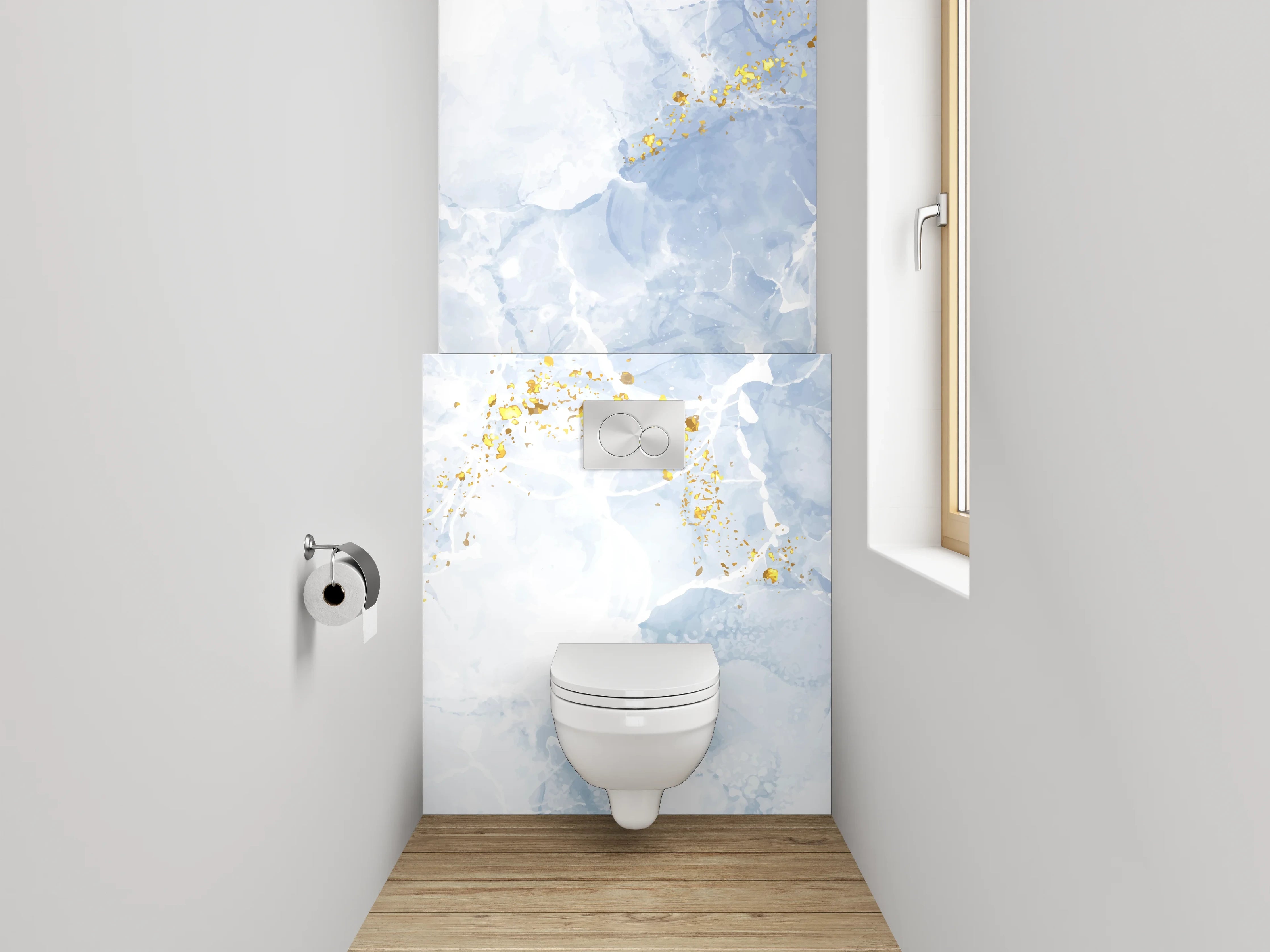 WC-Rückwand - Marmor Aquarell in Weiß Blau Gold