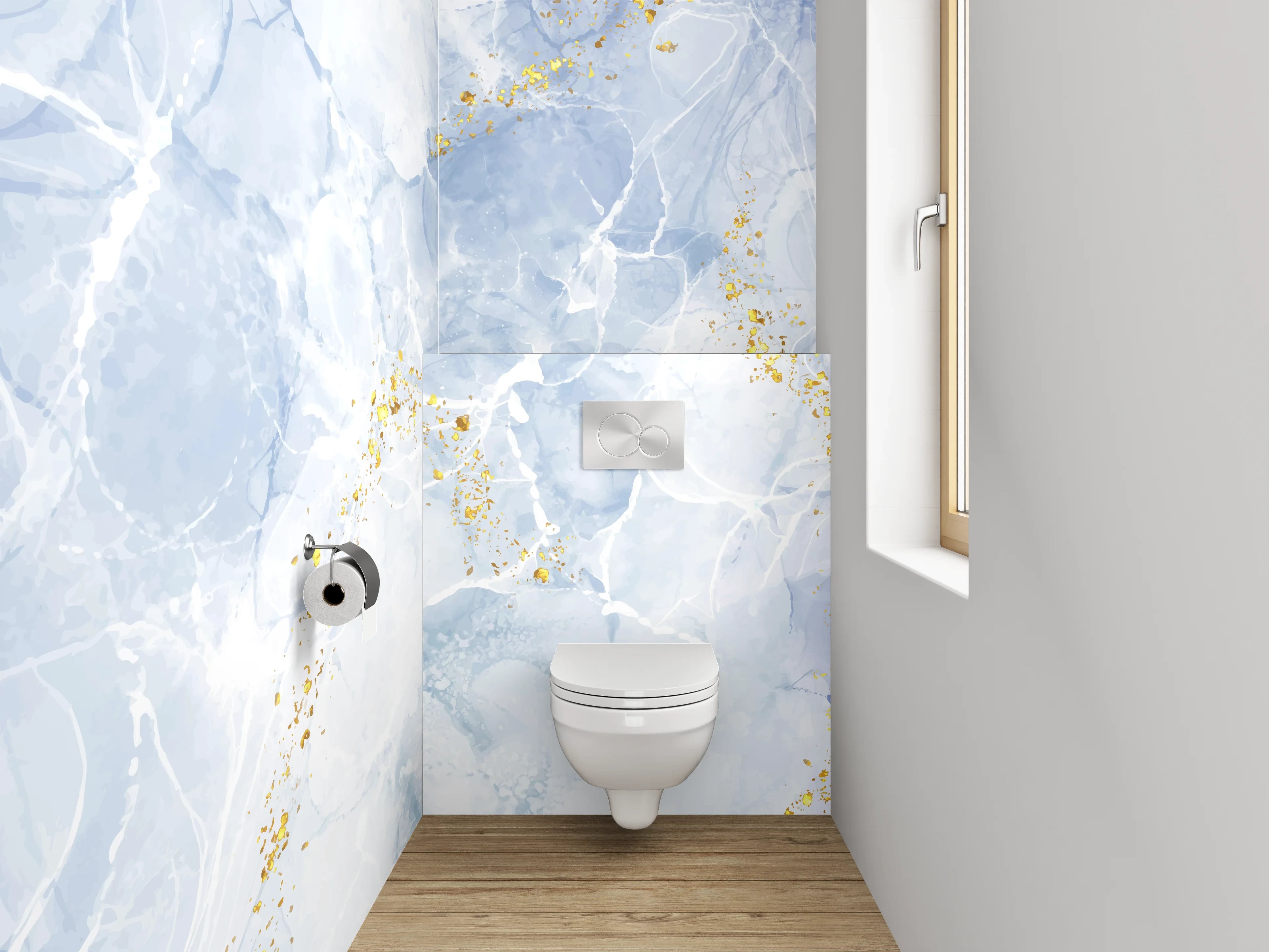 WC-Rückwand - Marmor Aquarell in Weiß Blau Gold