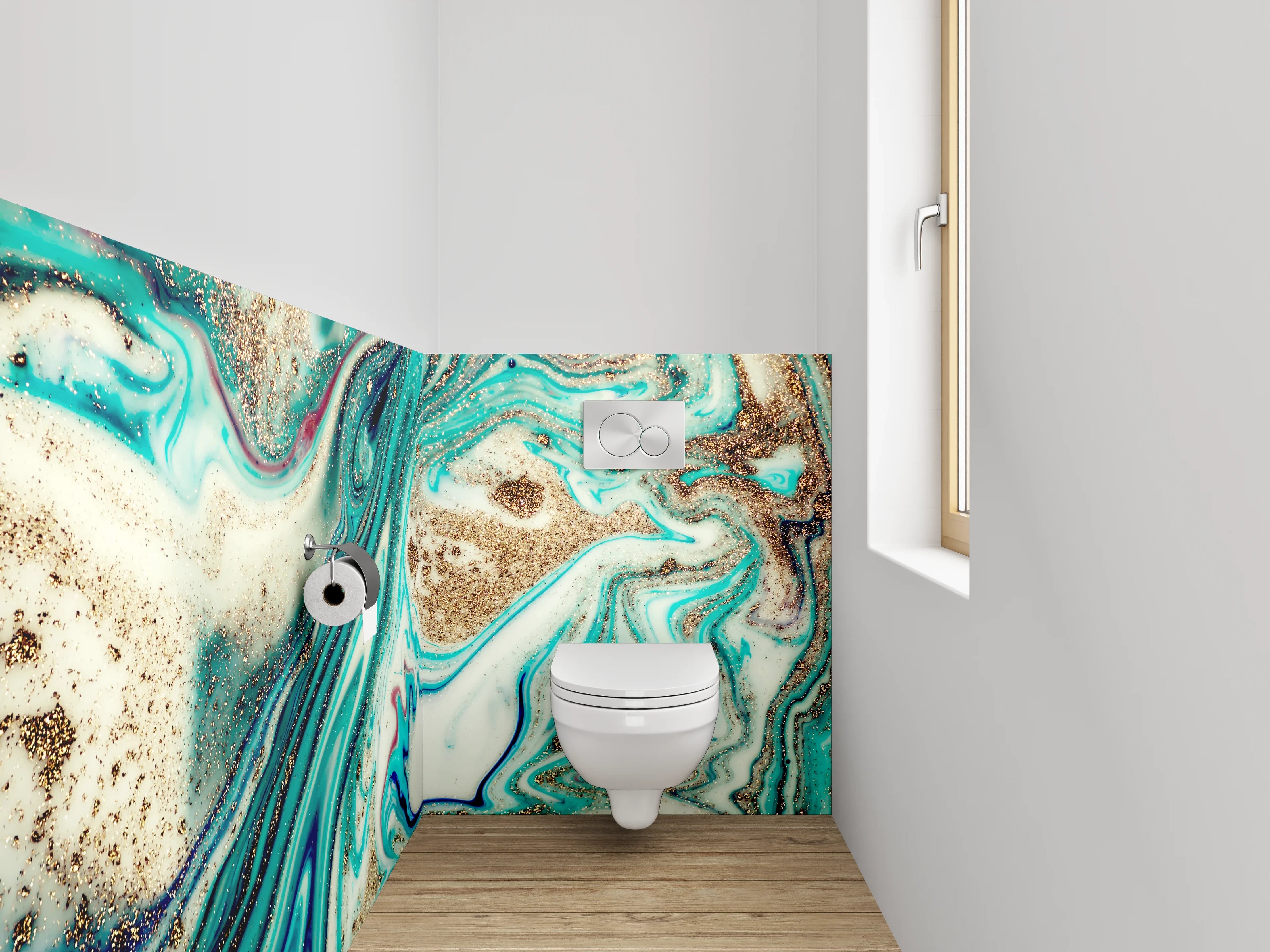 WC-Rückwand - Marmor Effekt Türkis Gold Abstrakt