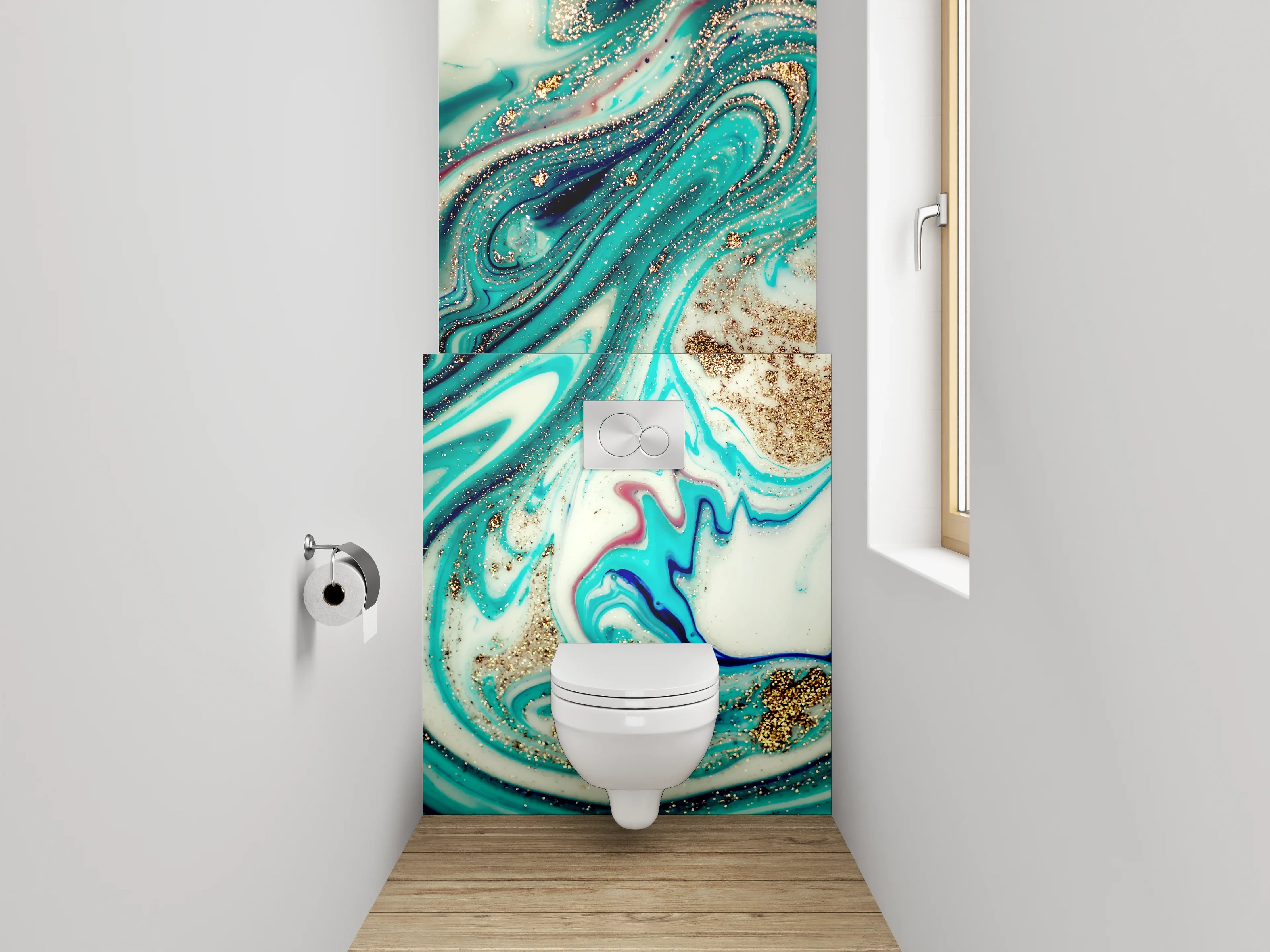 WC-Rückwand - Marmor Effekt Türkis Gold Abstrakt
