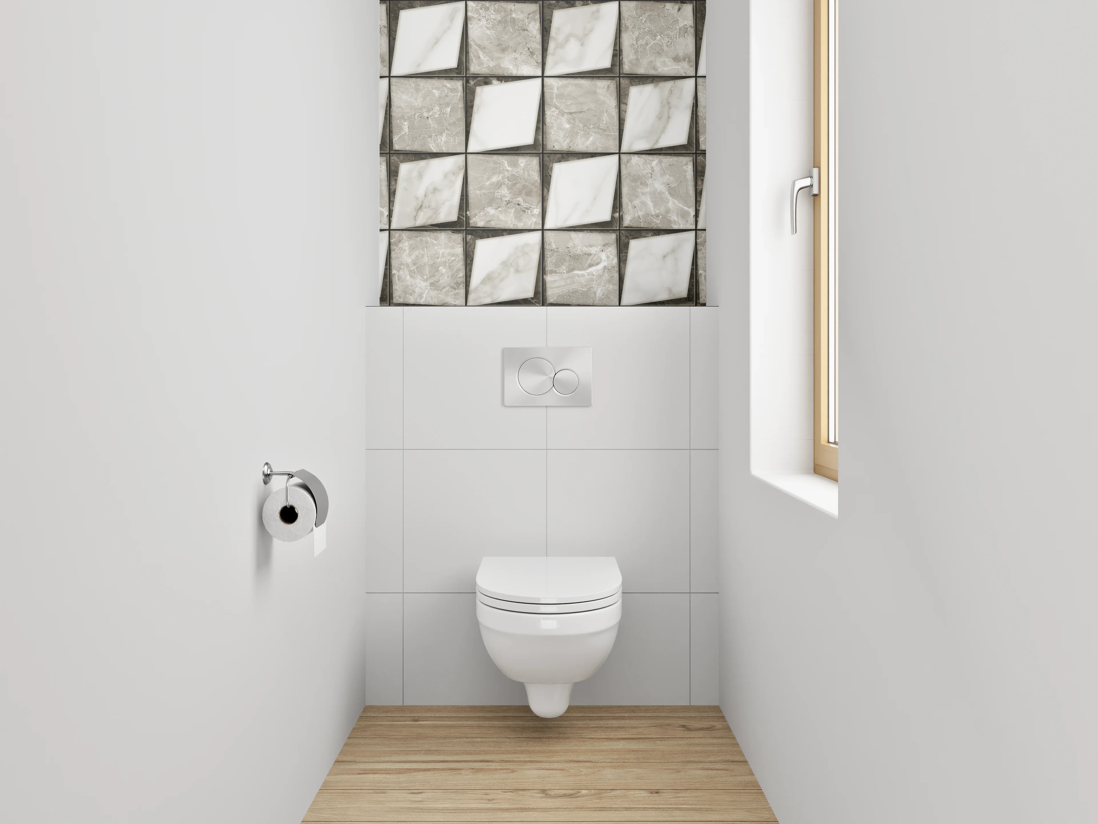 WC-Rückwand - Marmor-Fliesenmuster in Weiß und Grau