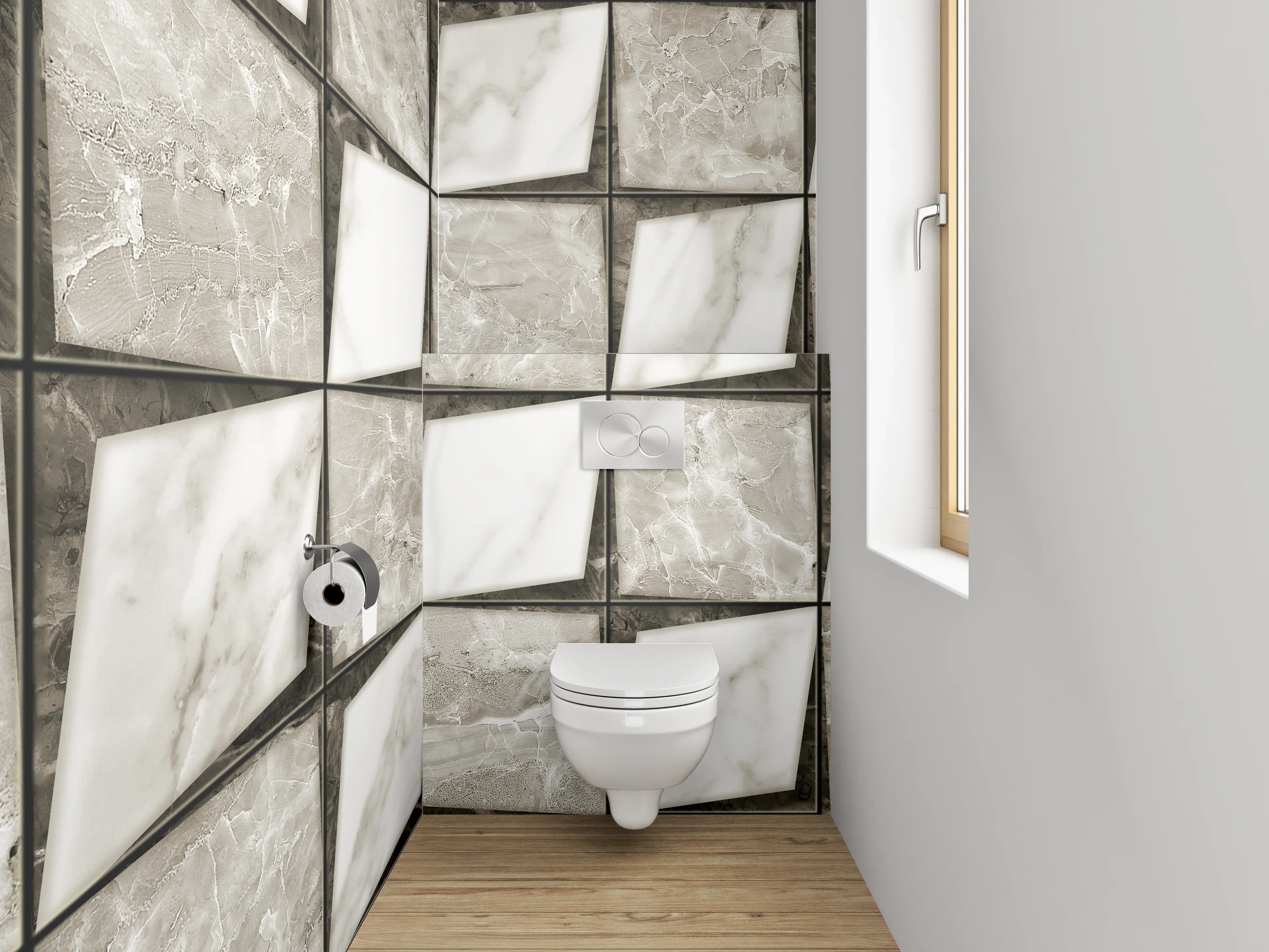 WC-Rückwand - Marmor-Fliesenmuster in Weiß und Grau